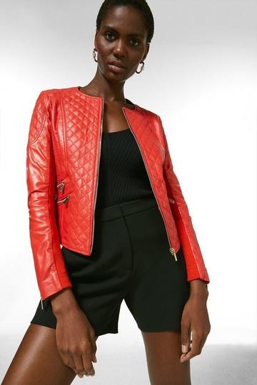 Red Leather Quilted Moto Jacket