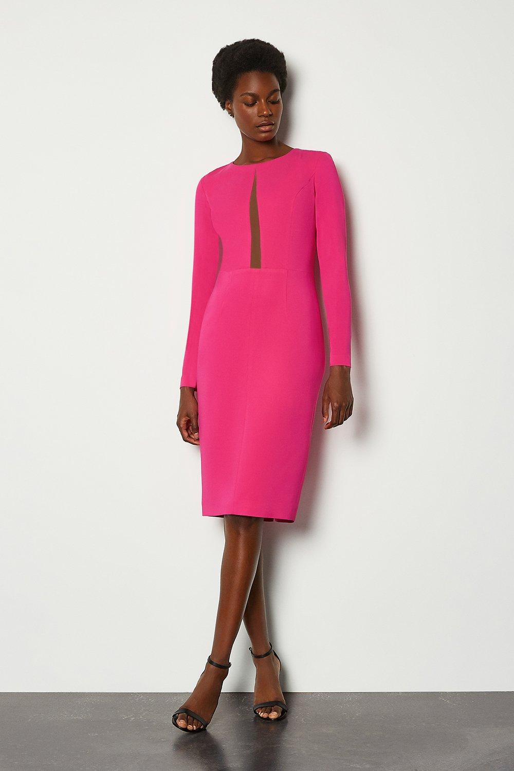 Long Sleeve Power Mesh Insert Pencil Dress | Karen Millen