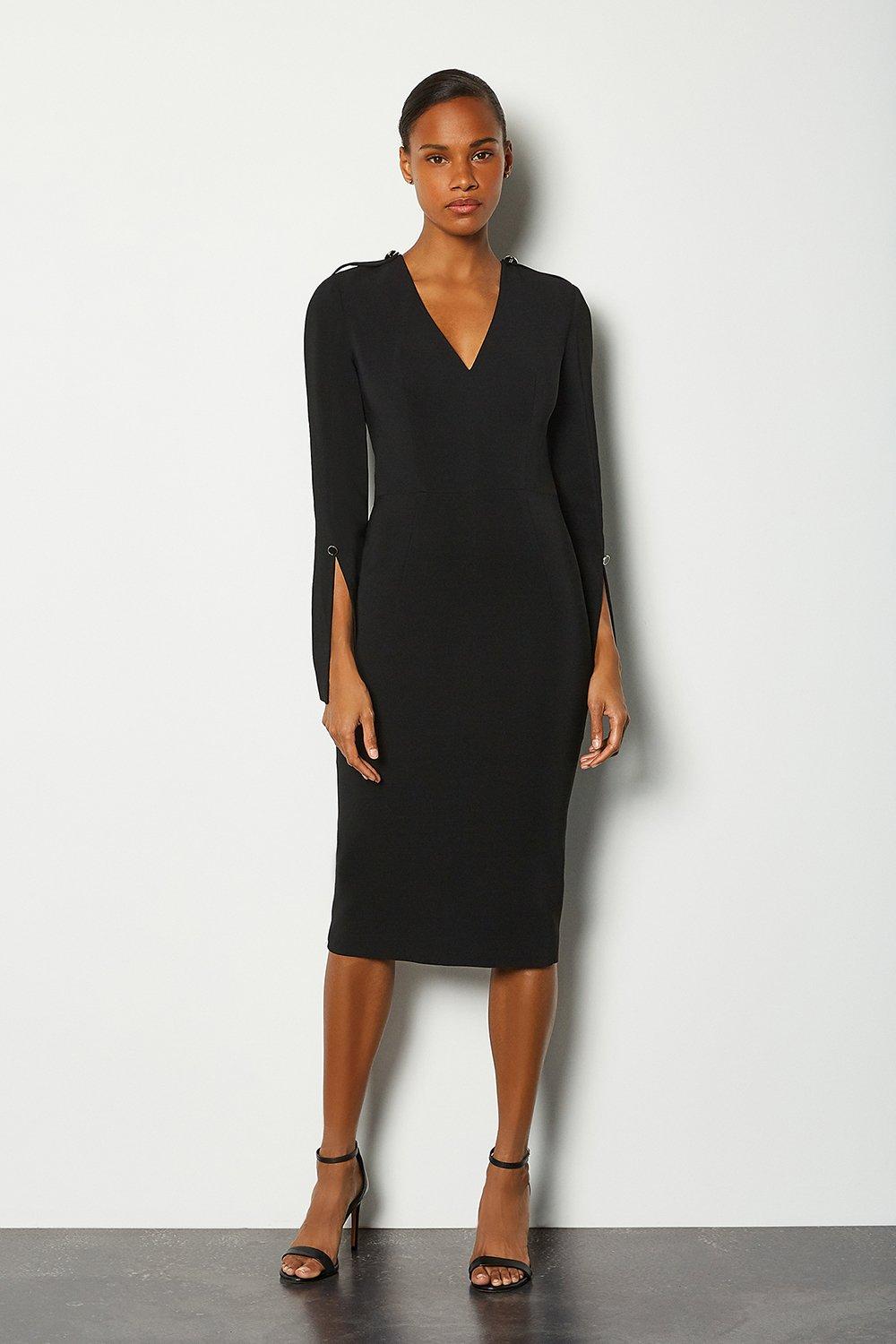 black v neck dress with sleeves