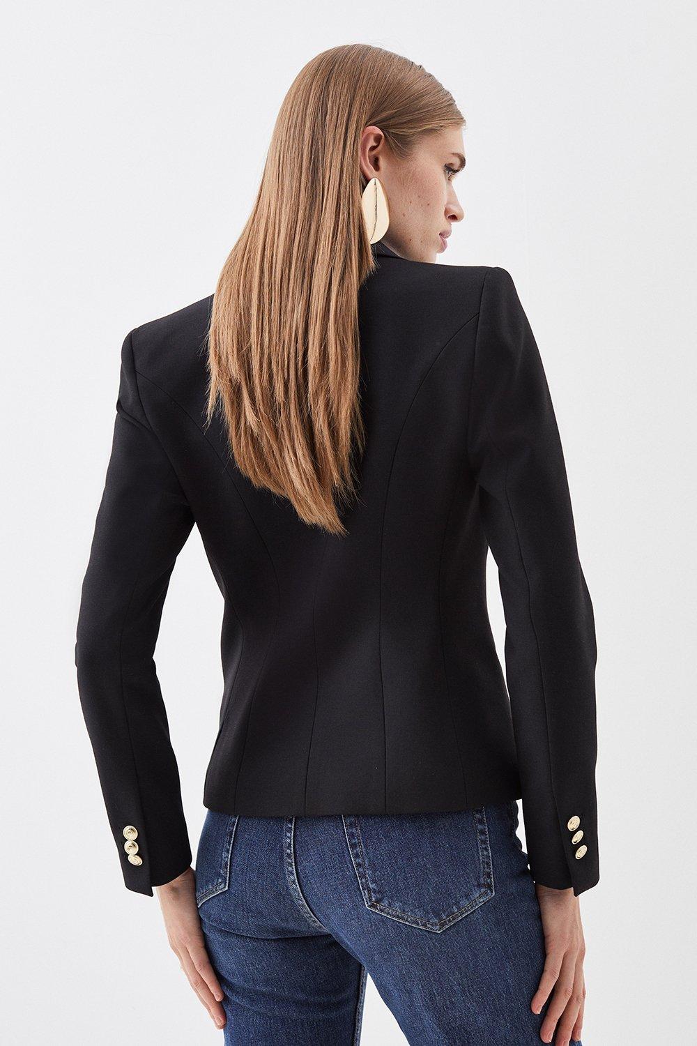 black fitted blazer with gold buttons