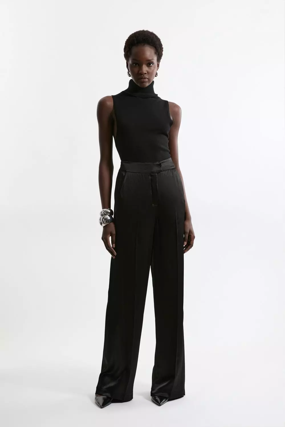 Zara Satin Straight Leg Trousers / Black