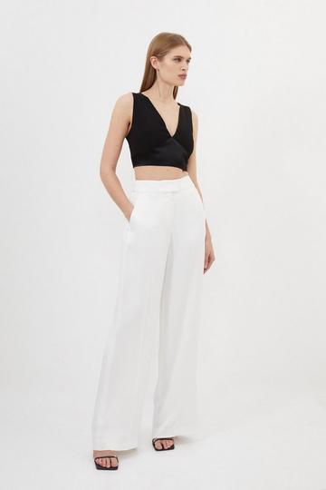Tailored Viscose Satin Back Crepe Wide Leg Trousers ivory
