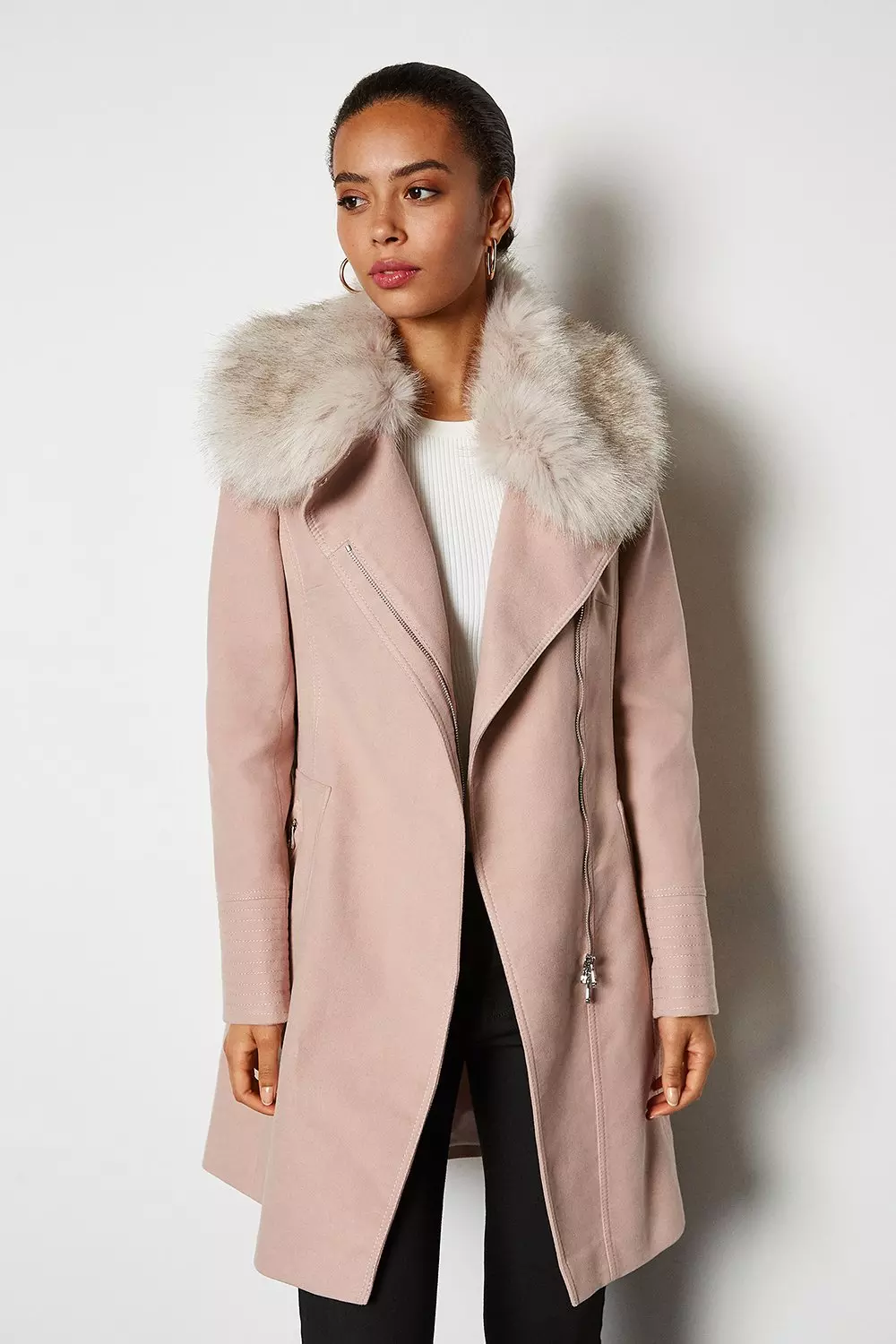 Faux Fur Collar Moleskin Coat | Karen Millen