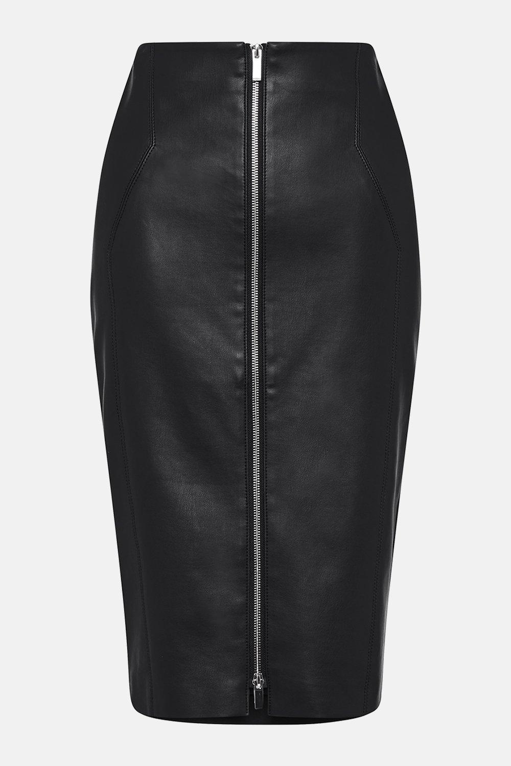 black leather zip front skirt