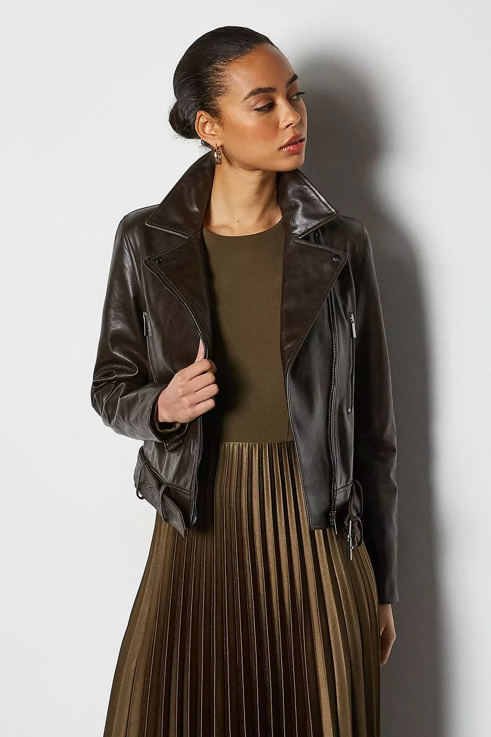 Belted leather biker clearance jacket