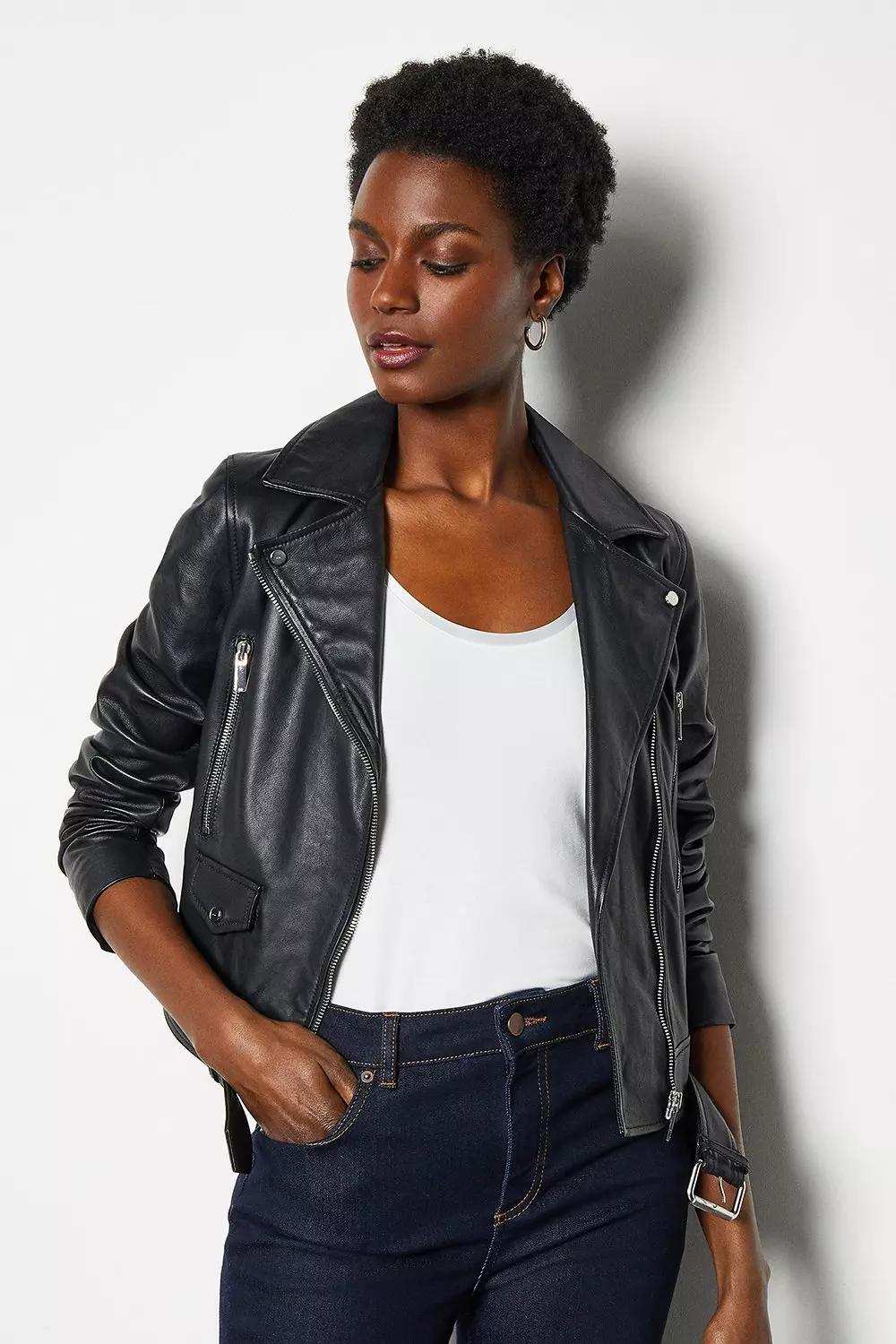 Black belted shop leather jacket