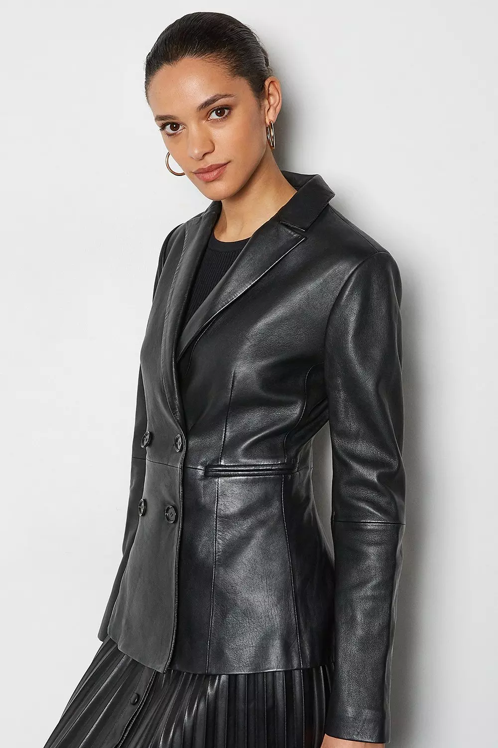 Black leather discount double breasted blazer