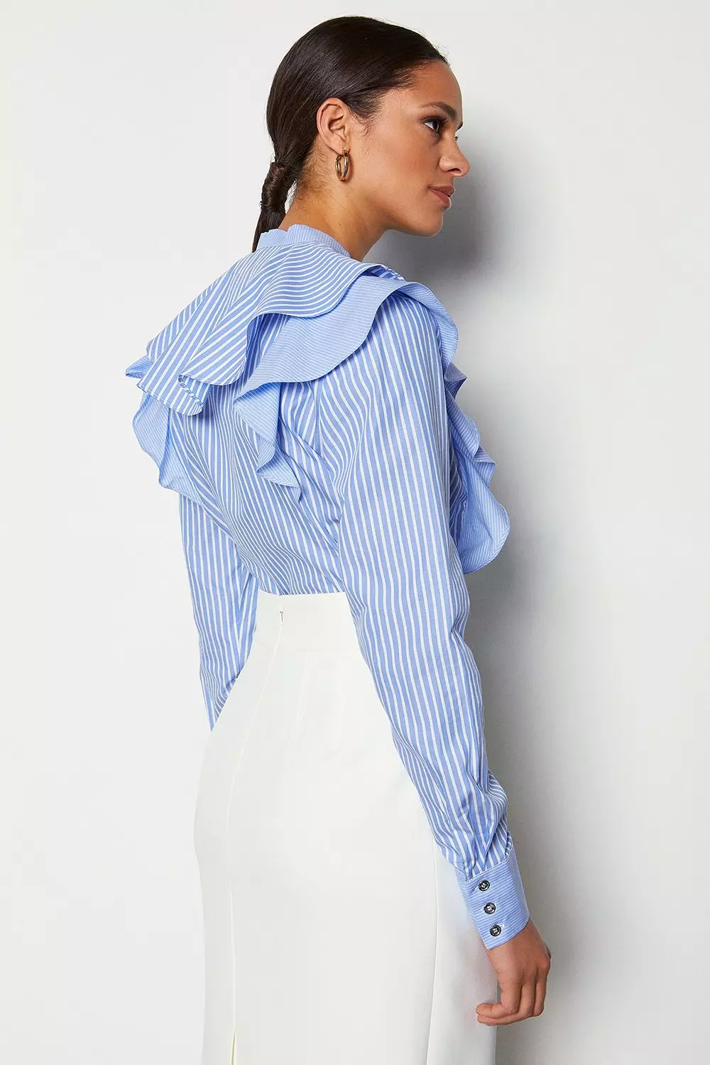 Cotton Stripe Long Sleeve Ruffle Blouse