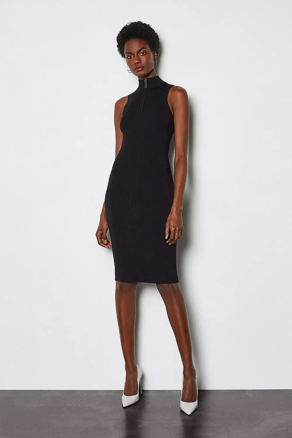 Button Detail Knitted Rib Dress | Karen Millen