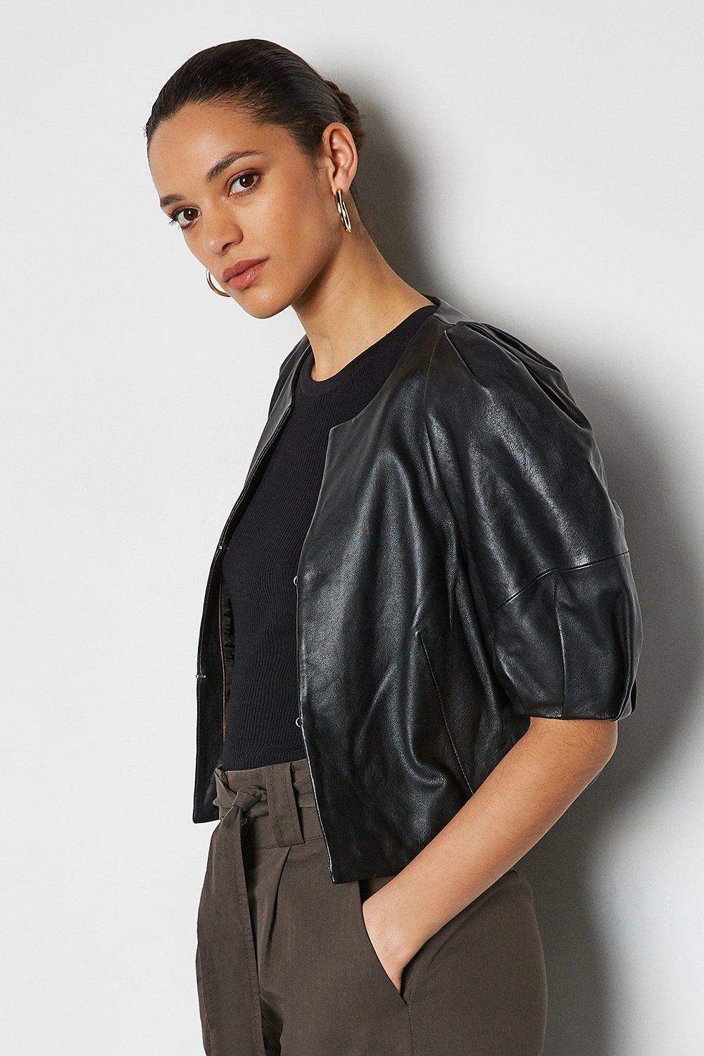 Black leather puff store sleeve jacket