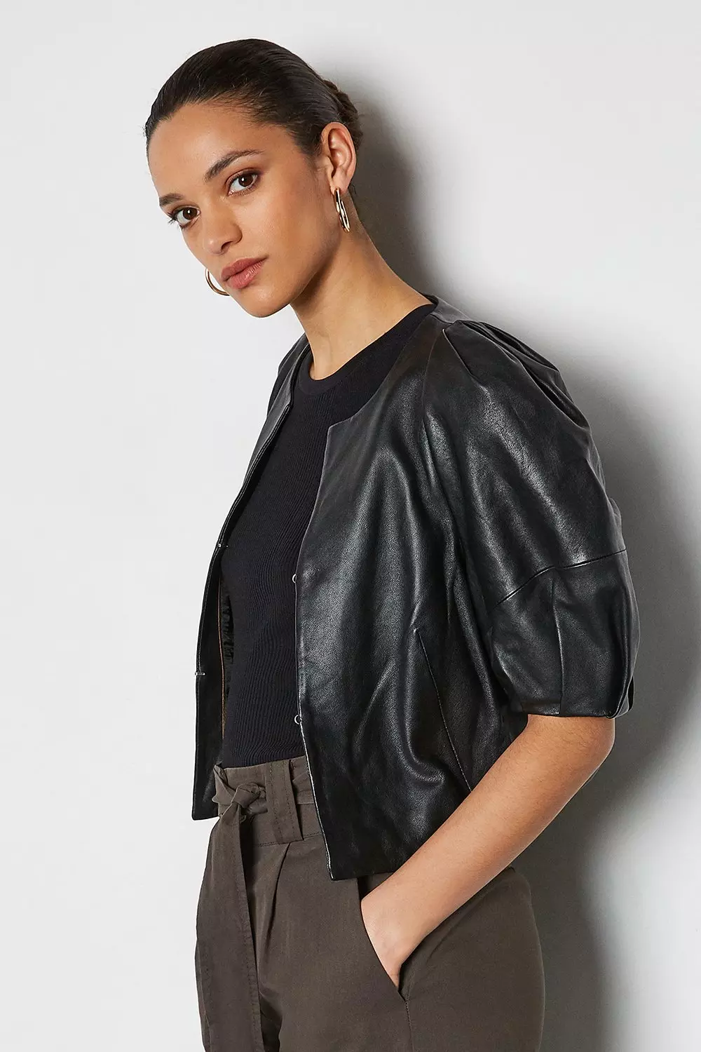 Final Sale Plus Size Faux Leather Puffy Sleeve Crop Top in Black