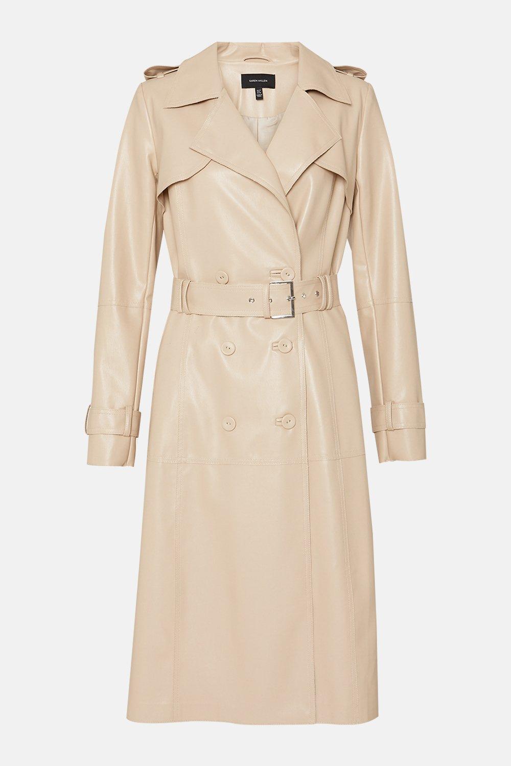 white faux leather trench coat