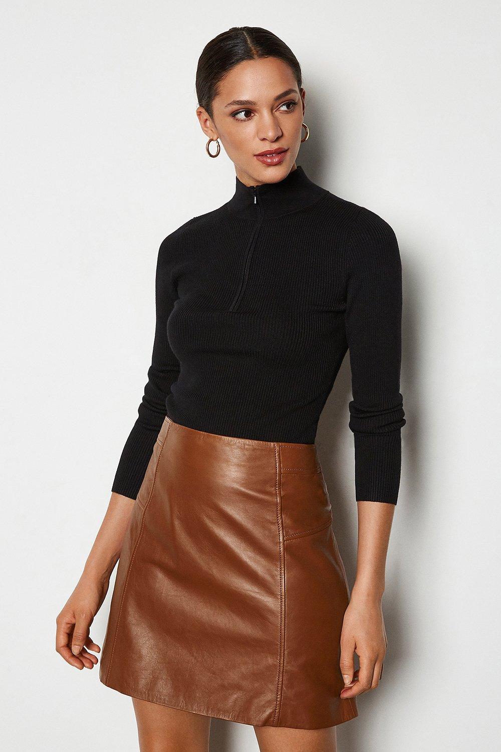 tan leather mini skirt