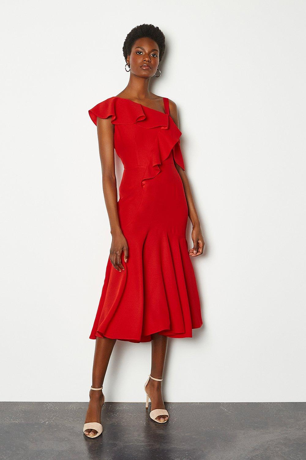 red one shoulder ruffle dress