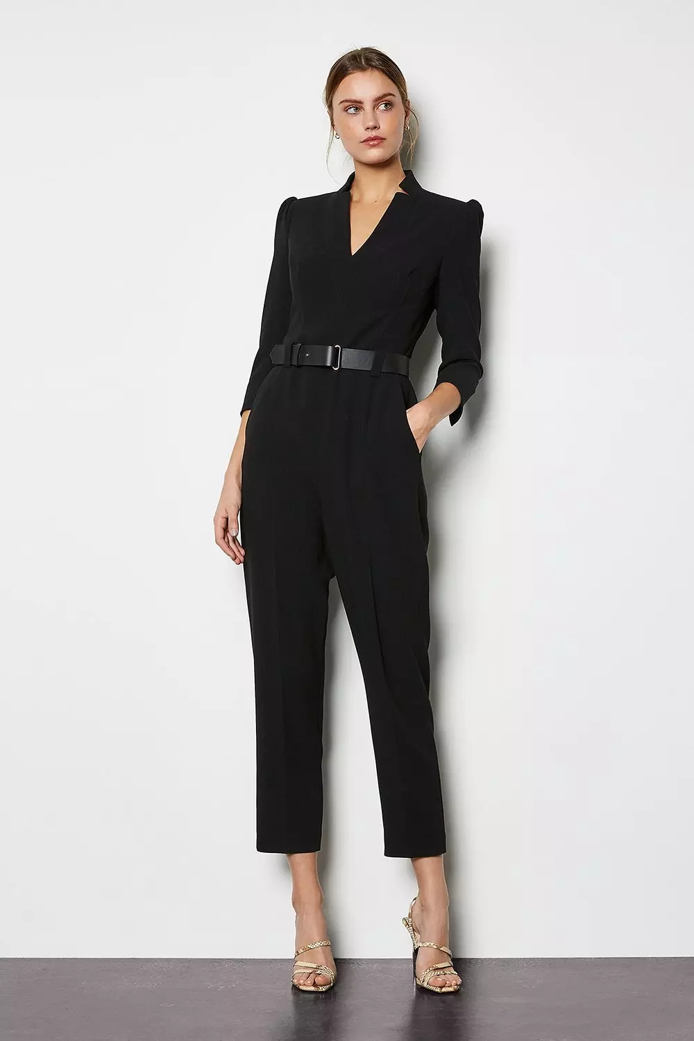 Black Lapel Detail Belted Jumpsuit