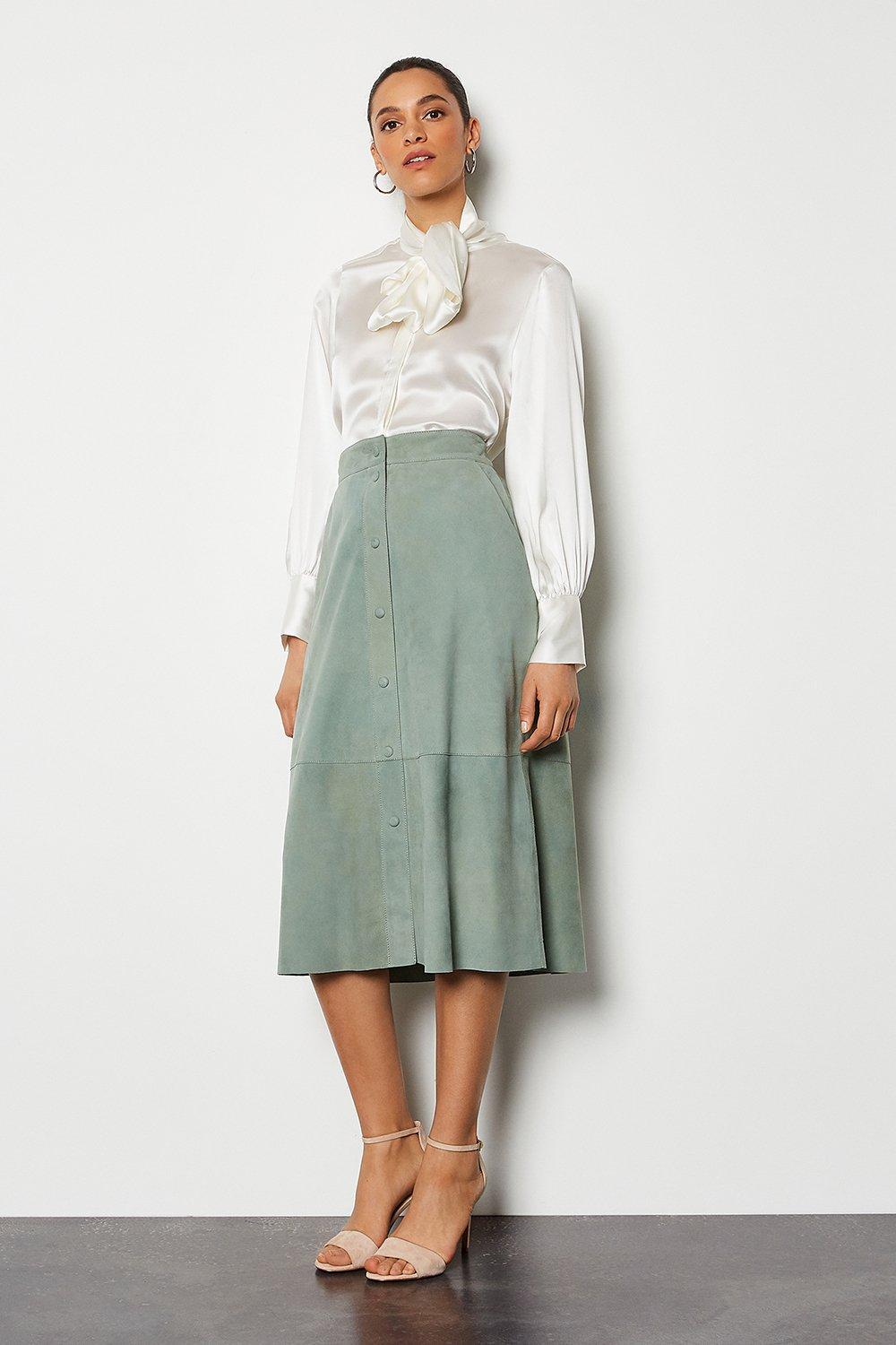 pink suede midi skirt