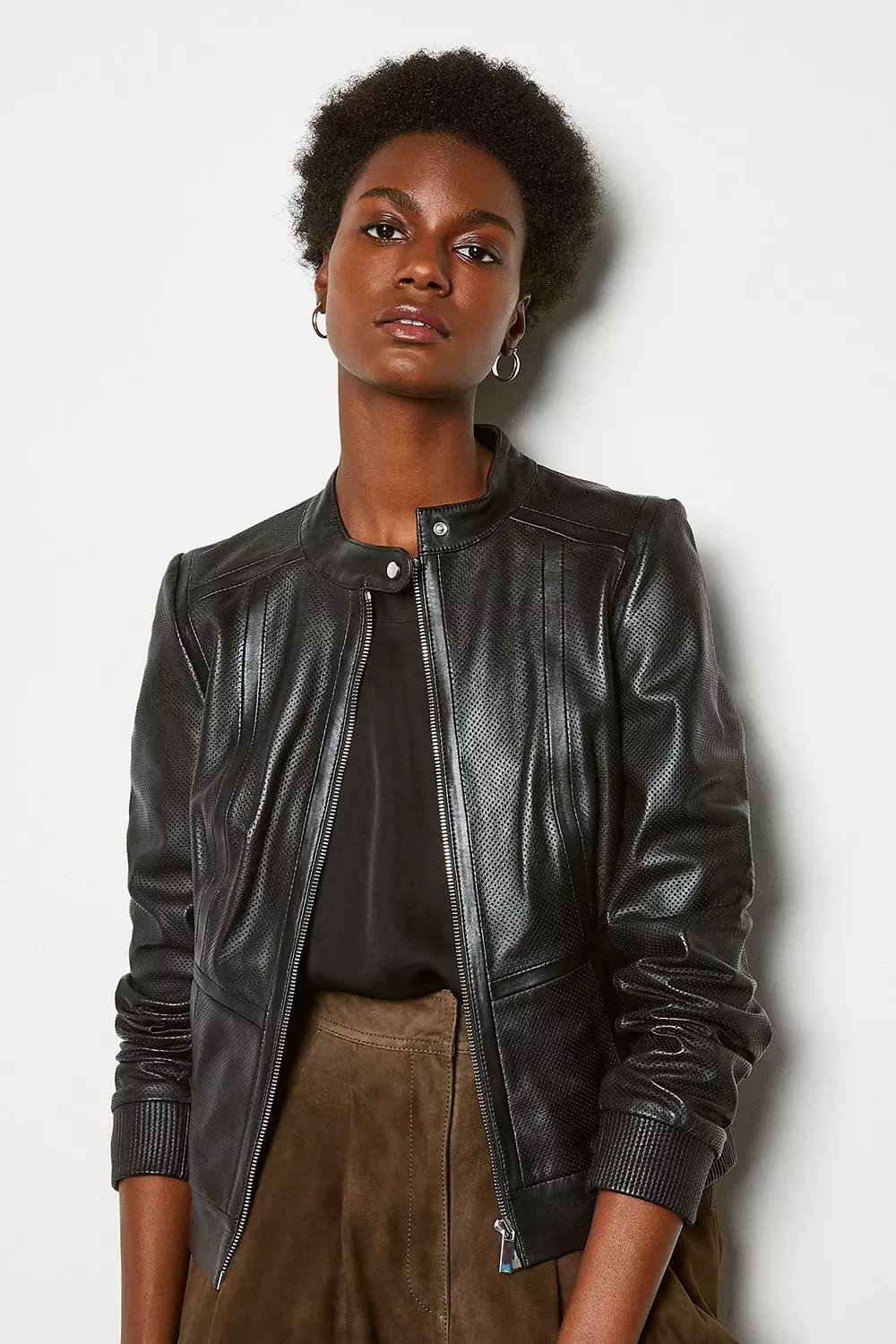 Perforated leather bomber jacket sale