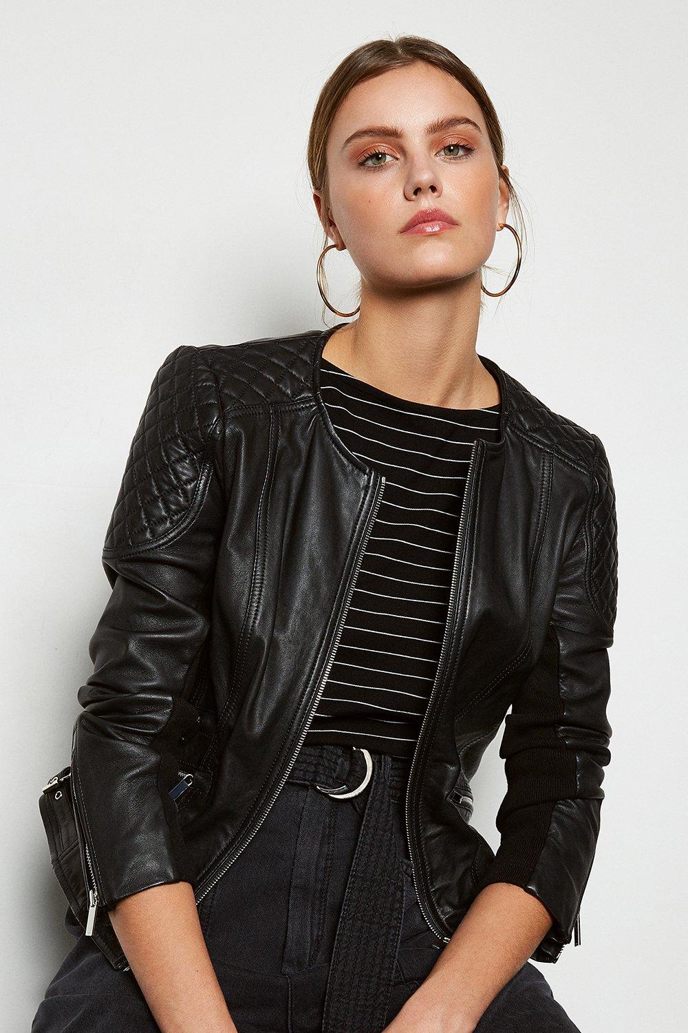 Zip Leather Quilted Shoulder Biker Jacket Karen Millen