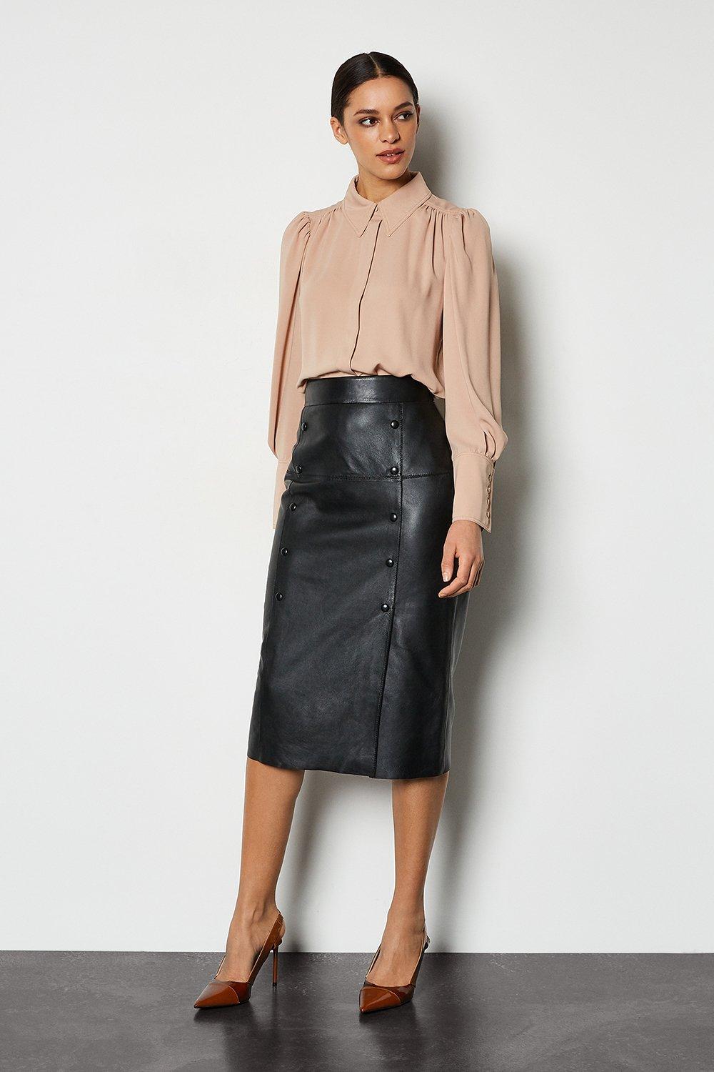 Double Button Leather Pencil Skirt | Karen Millen