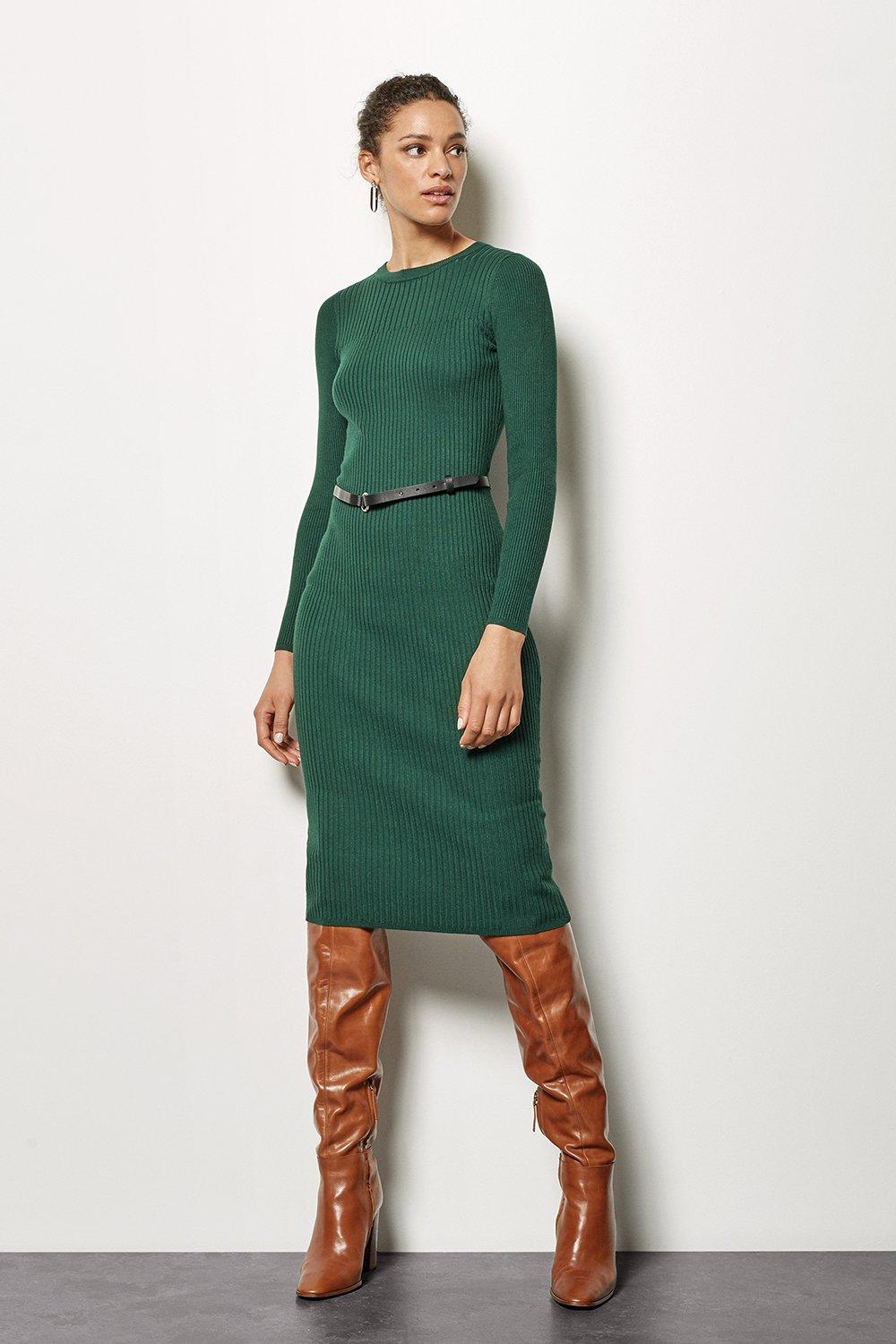 green ribbed midi dress