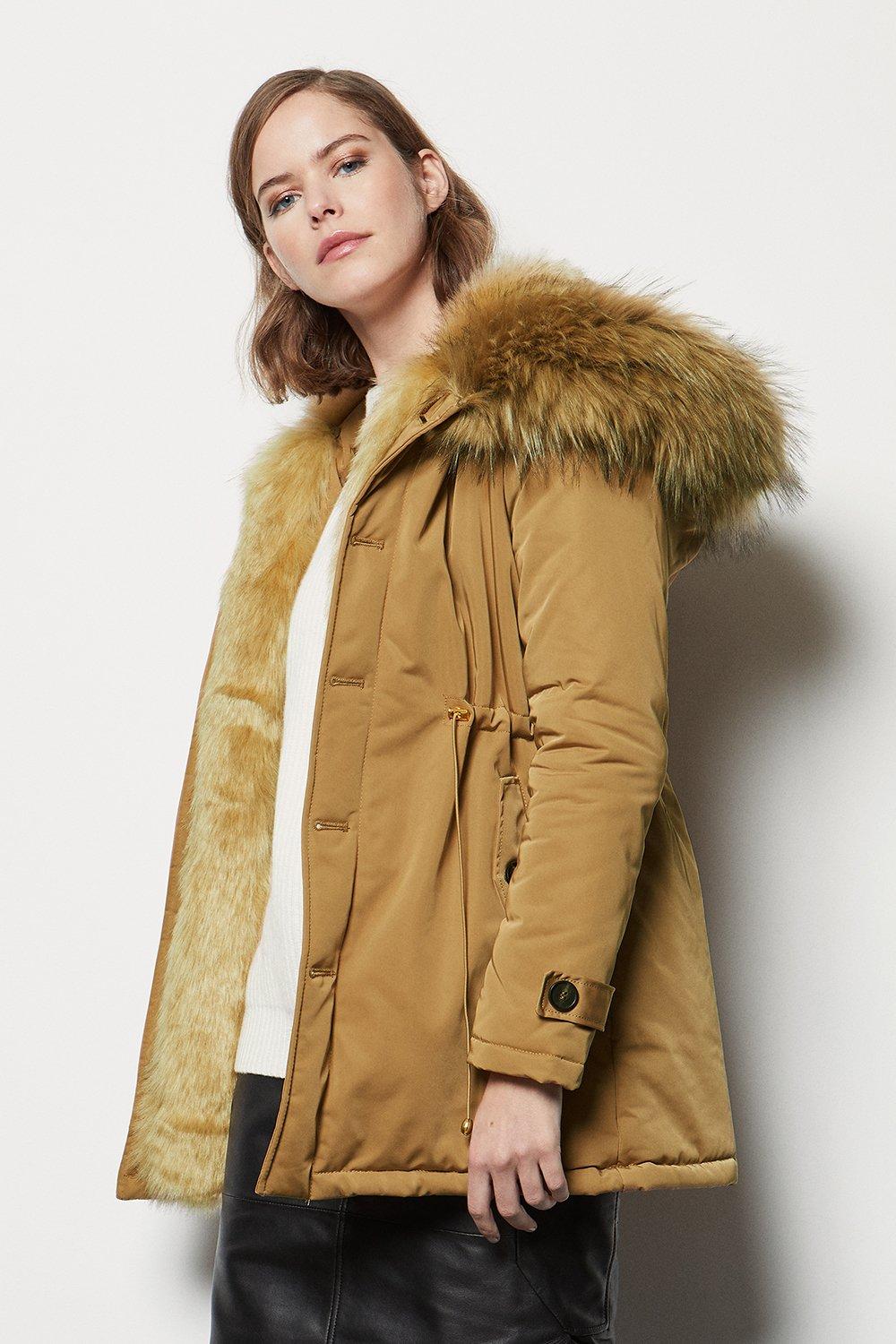 contrast lined faux fur hood parka coat