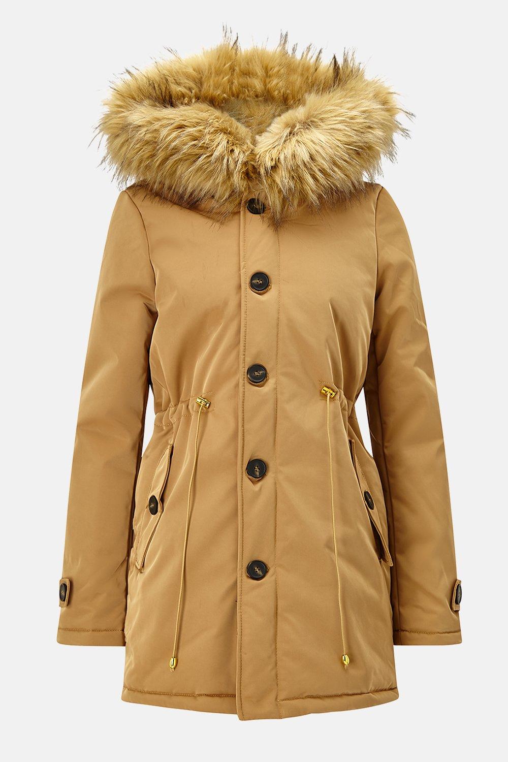 lined parka with faux fur hood