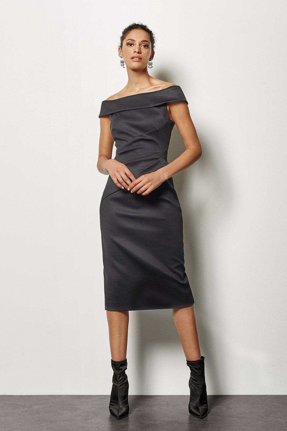 black bardot ruched side jumper dress