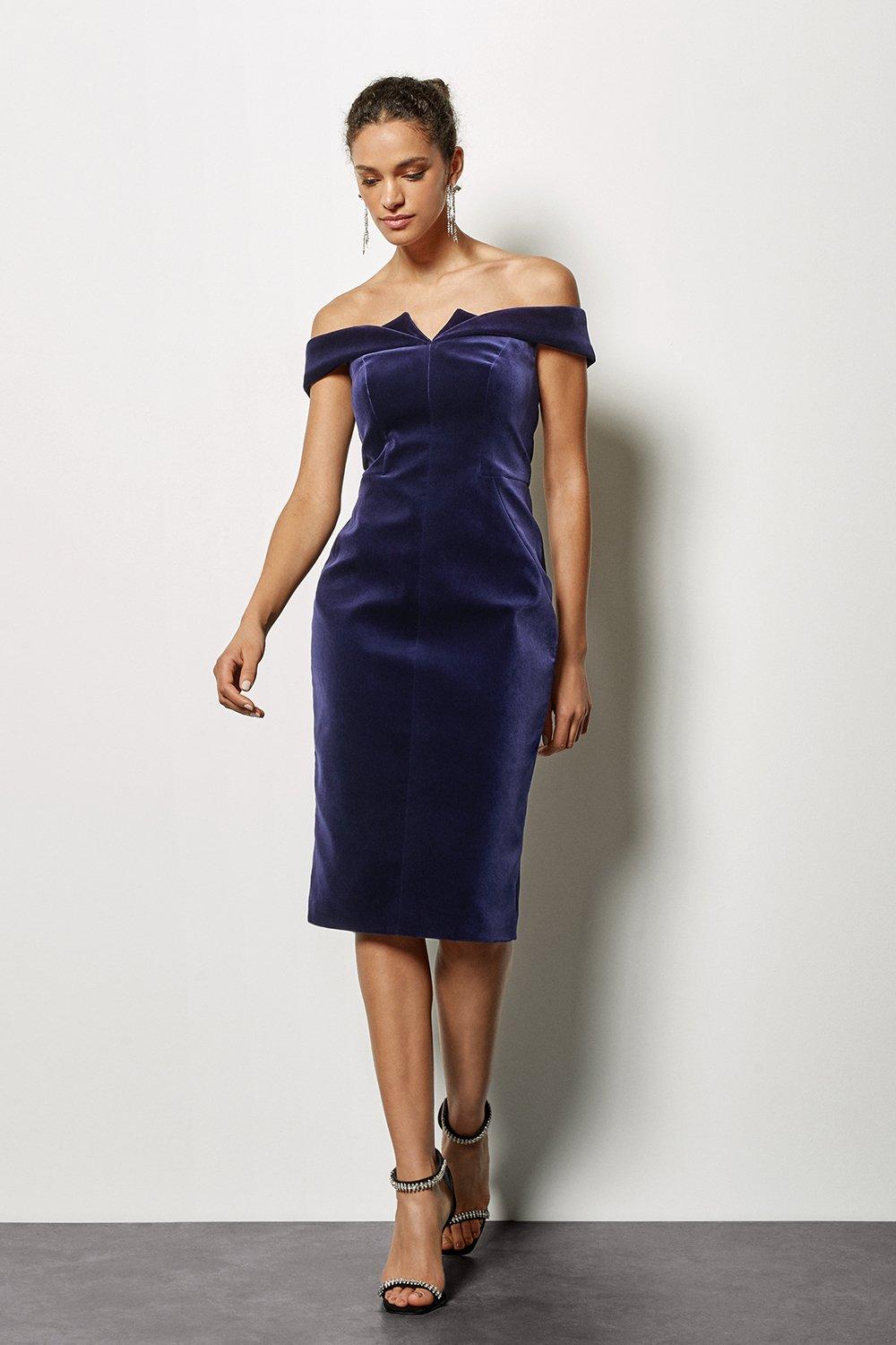 blue velvet bardot dress