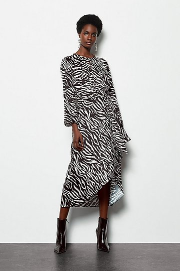 Twist Satin Front Zebra Midi Dress