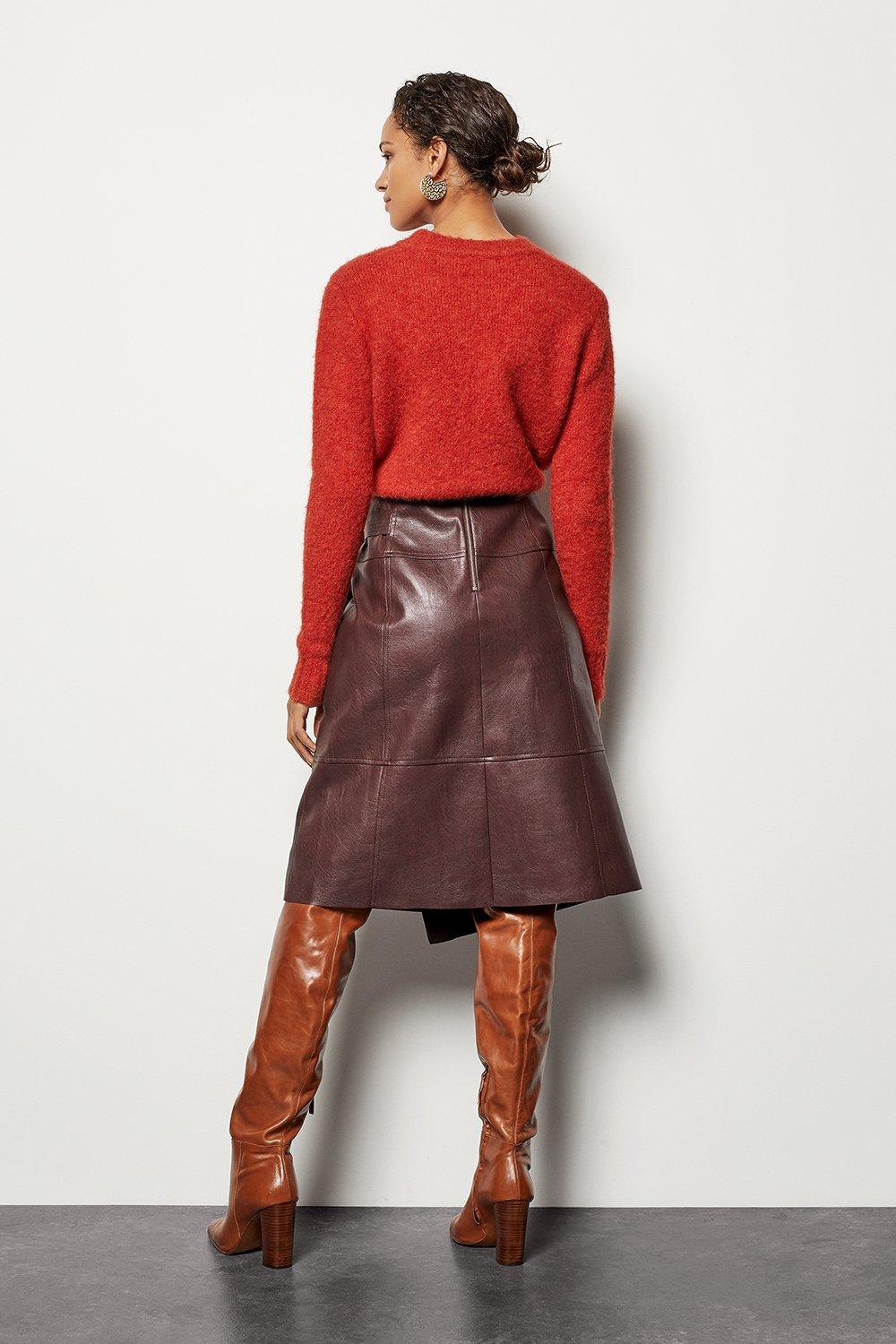 burgundy leather midi skirt