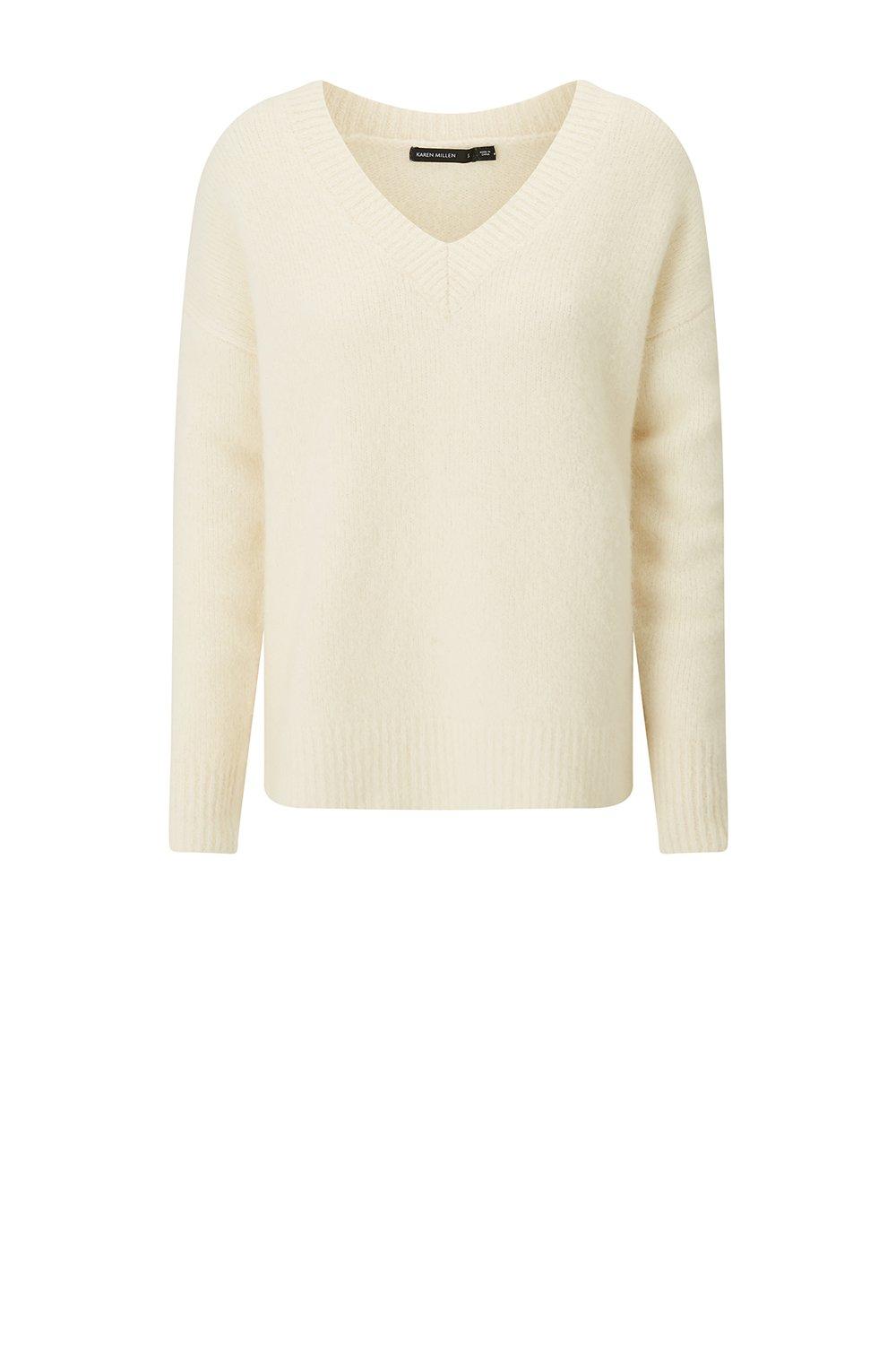 white fluffy v neck jumper
