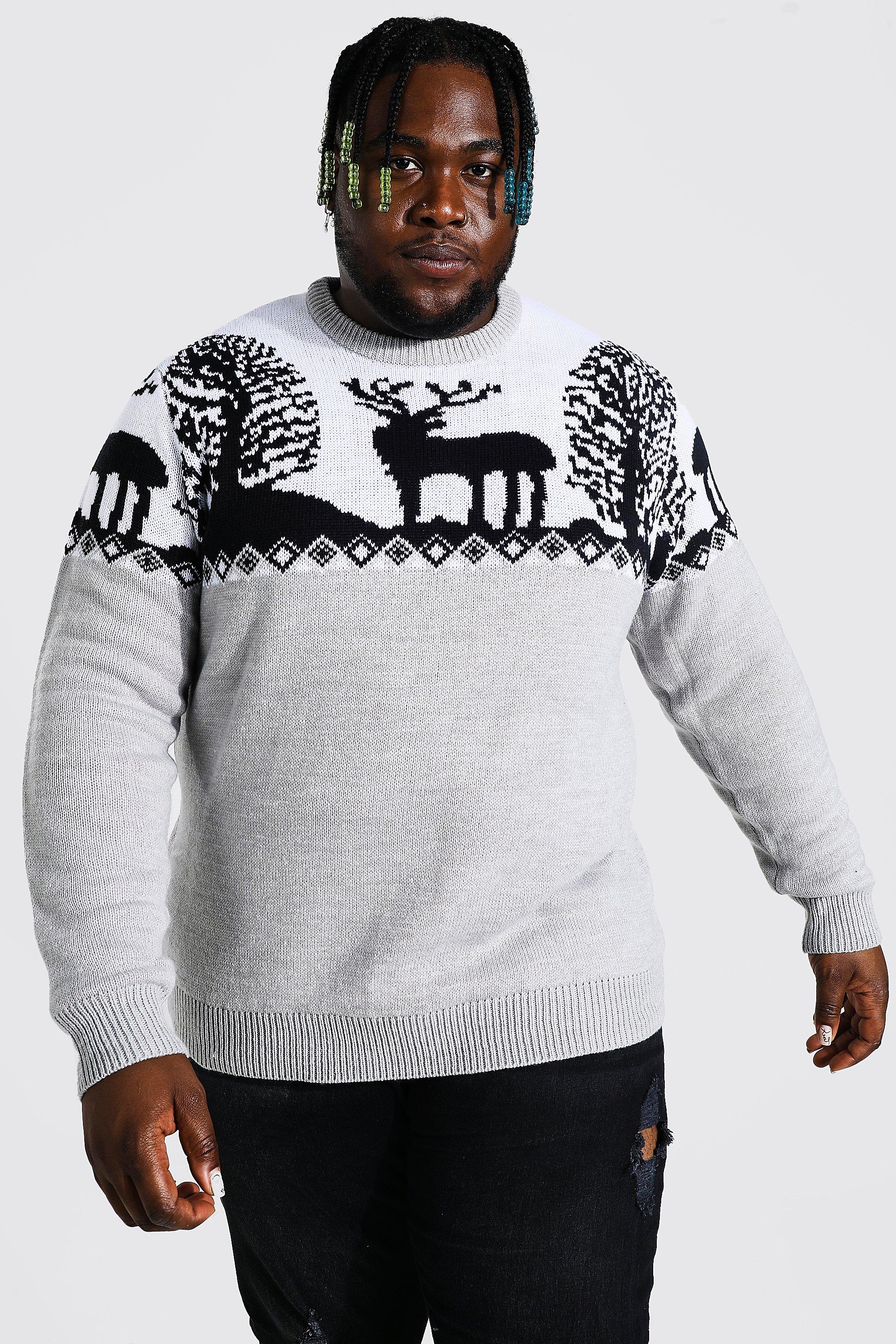 Mens Grey Plus Size Fairisle Knitted Christmas Jumper, Grey