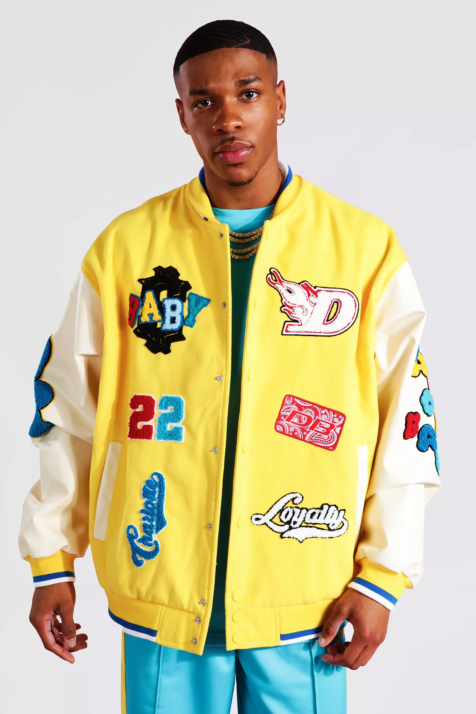 Oversized Loyalty Varsity Bomber | boohooMAN USA