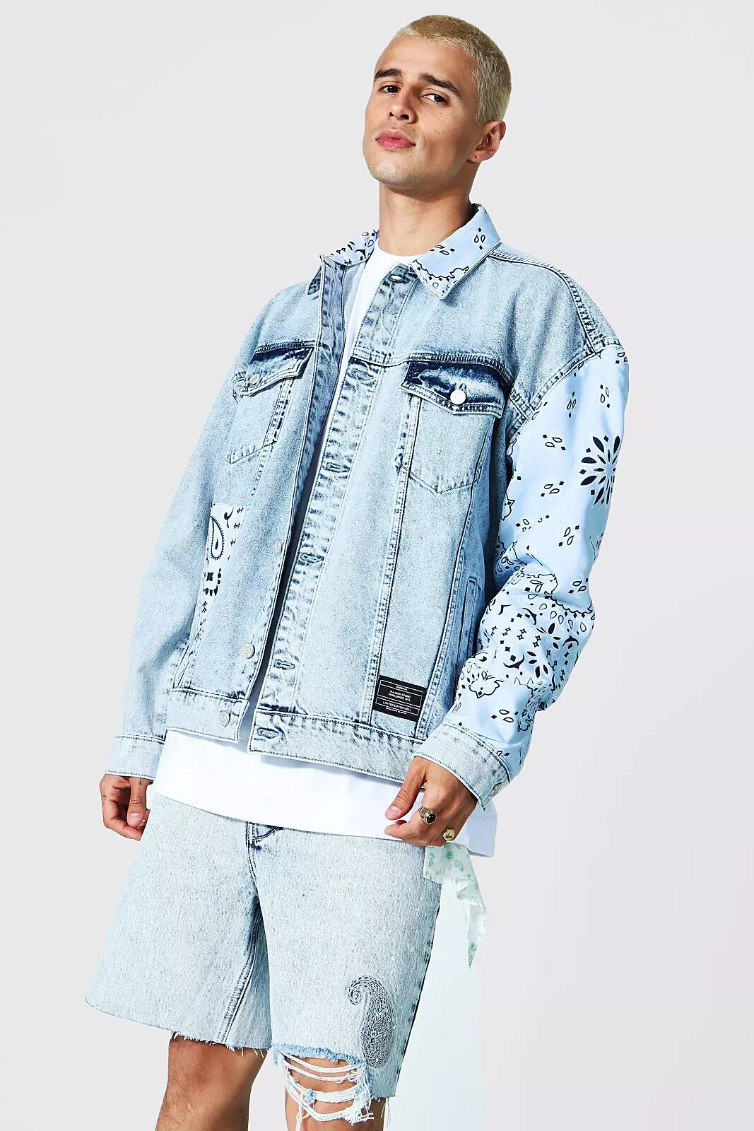 boohoo Mens Oversized Patchwork Denim Cagoule - Blue M