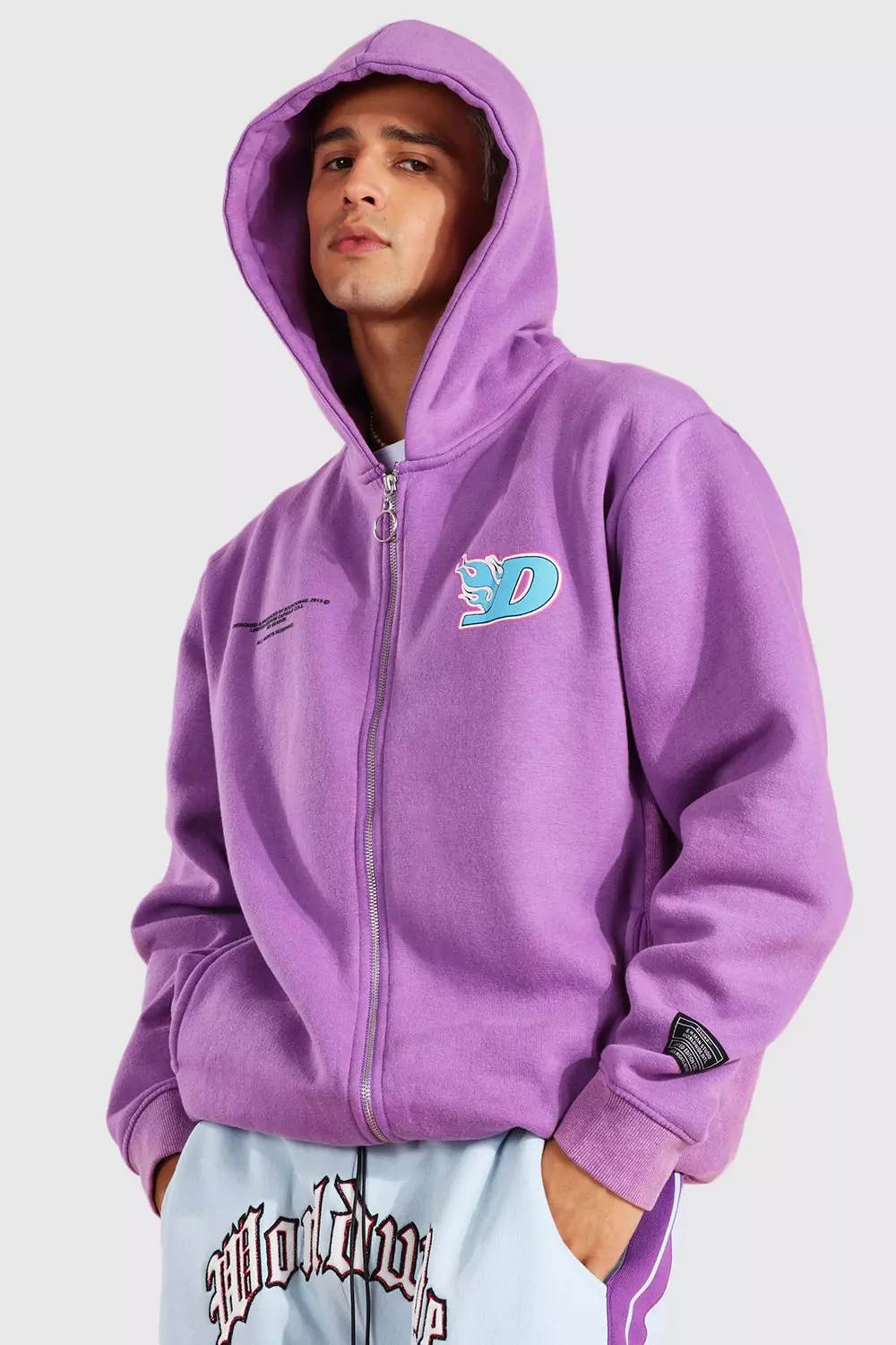 FIORUCCI Embroidered Zip Up Washed Hoodie in Purple