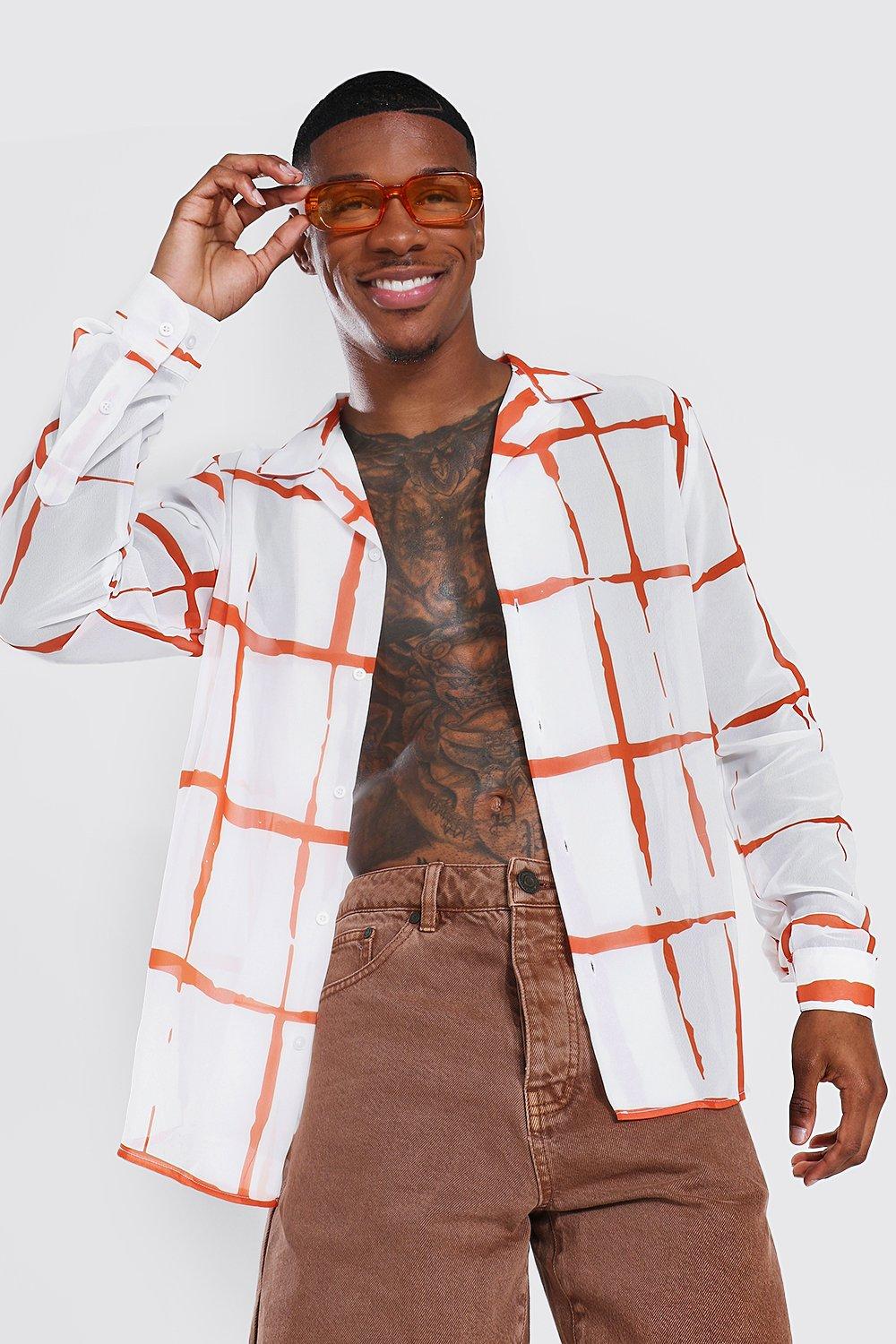 Mens Orange Long Sleeve Revere Chiffon Check Shirt, Orange