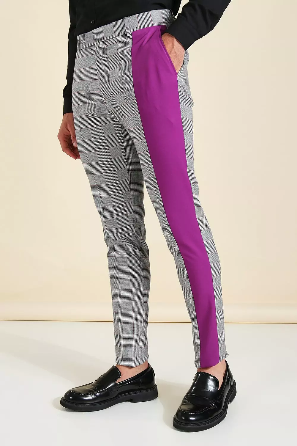 Mens checked trousers with best sale side stripe