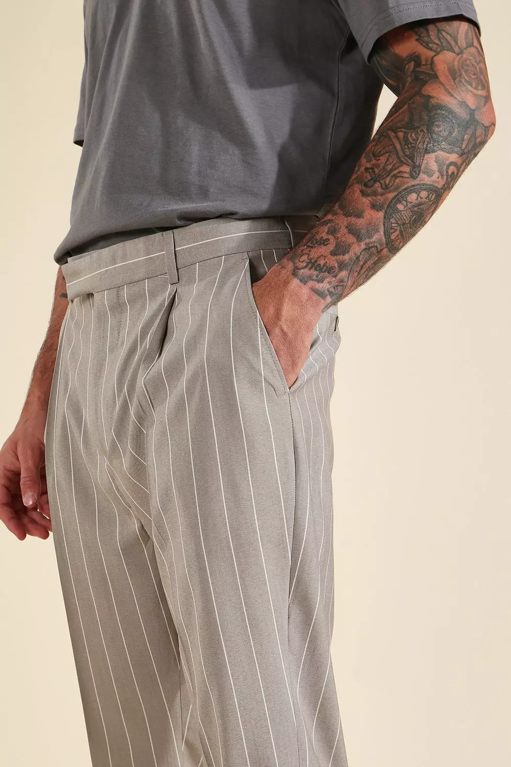 Boohooman cropped pinstripe on sale trousers in grey