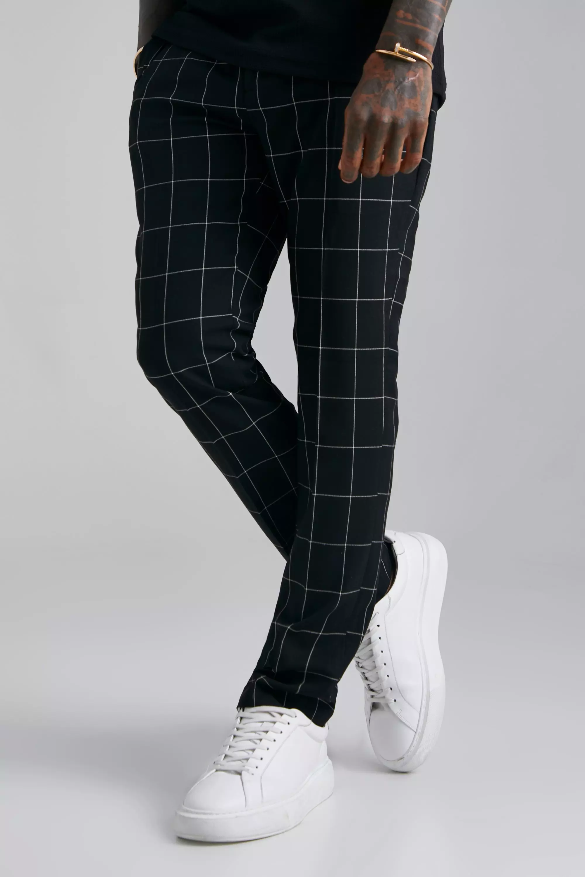 Skinny Windowpane Check Tailored Trouser boohooMAN