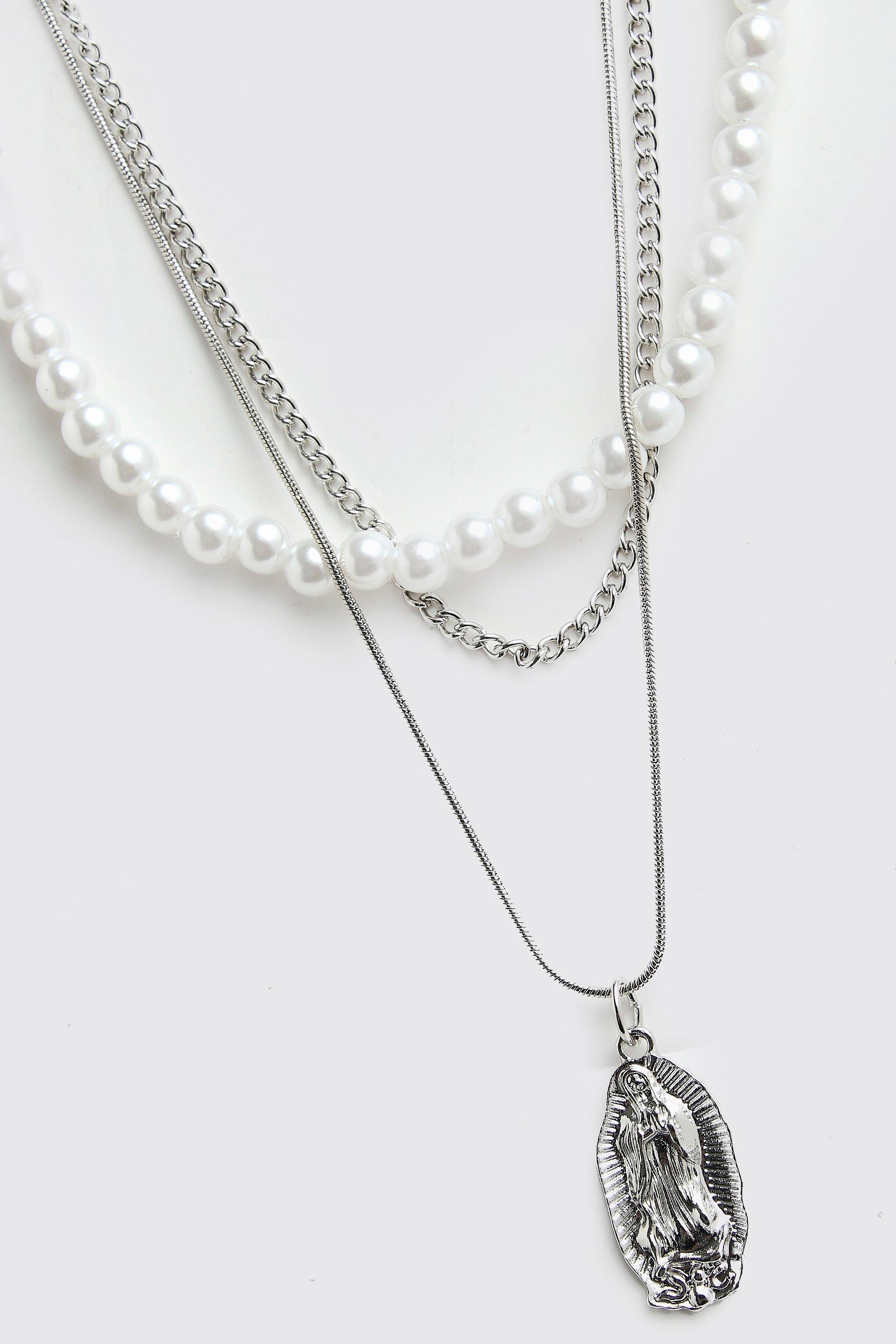 Mens Grey Triple Layer Pearl Necklace With Pendant, Grey