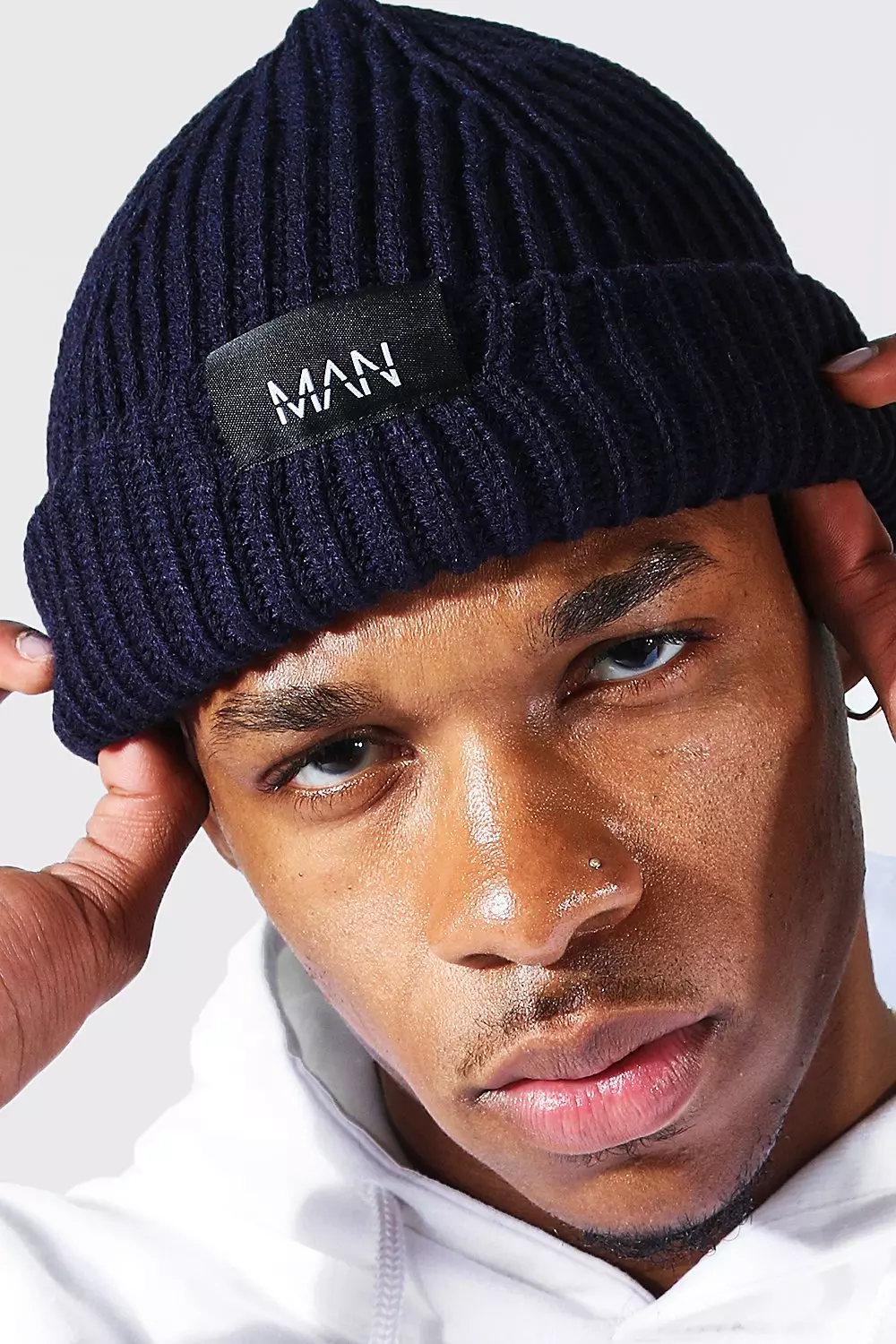 Man Tab Ribbed Micro Beanie | boohooMAN USA