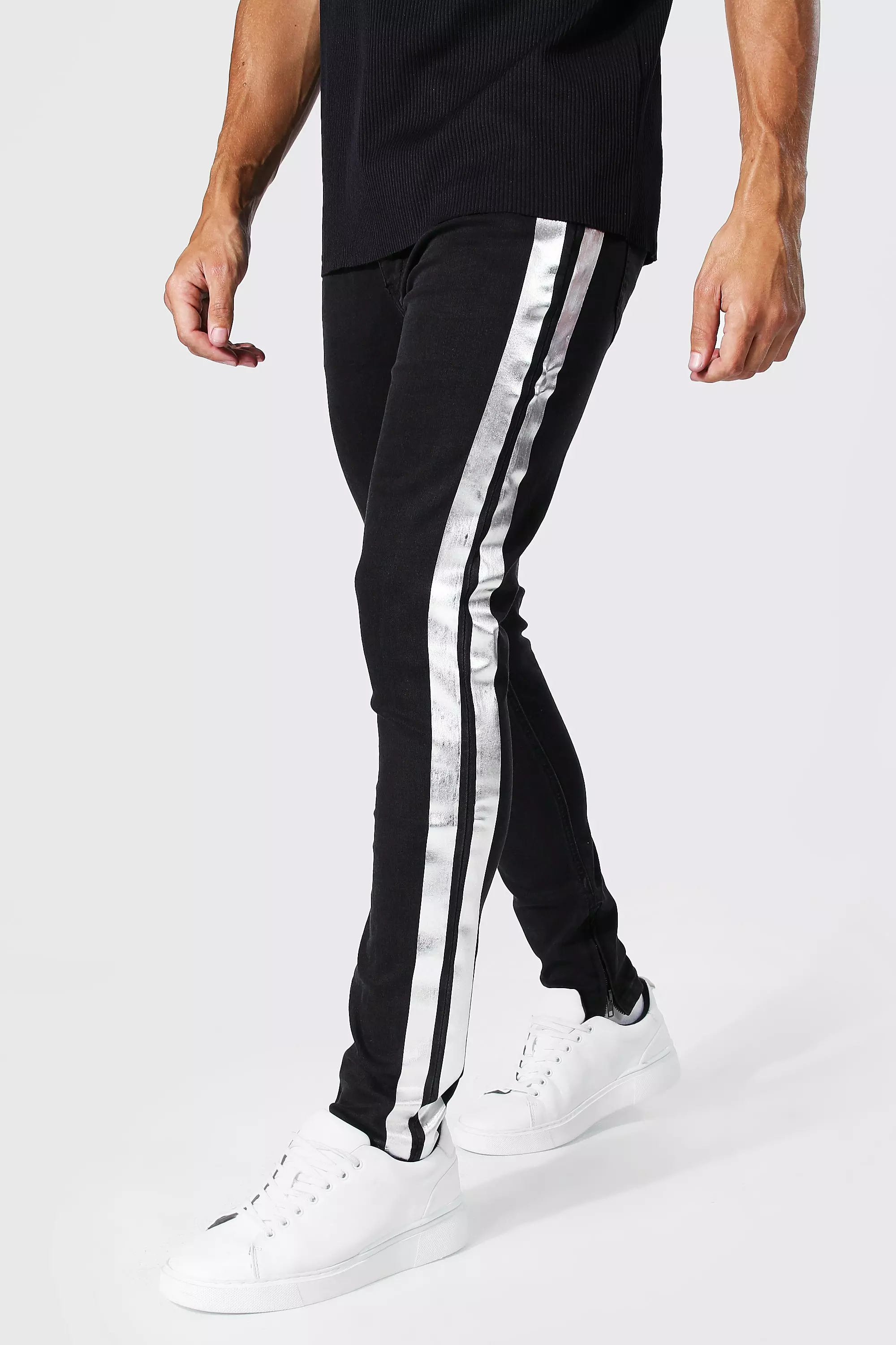 Skinny Stretch Holographic Stripe Jeans | boohooMAN USA