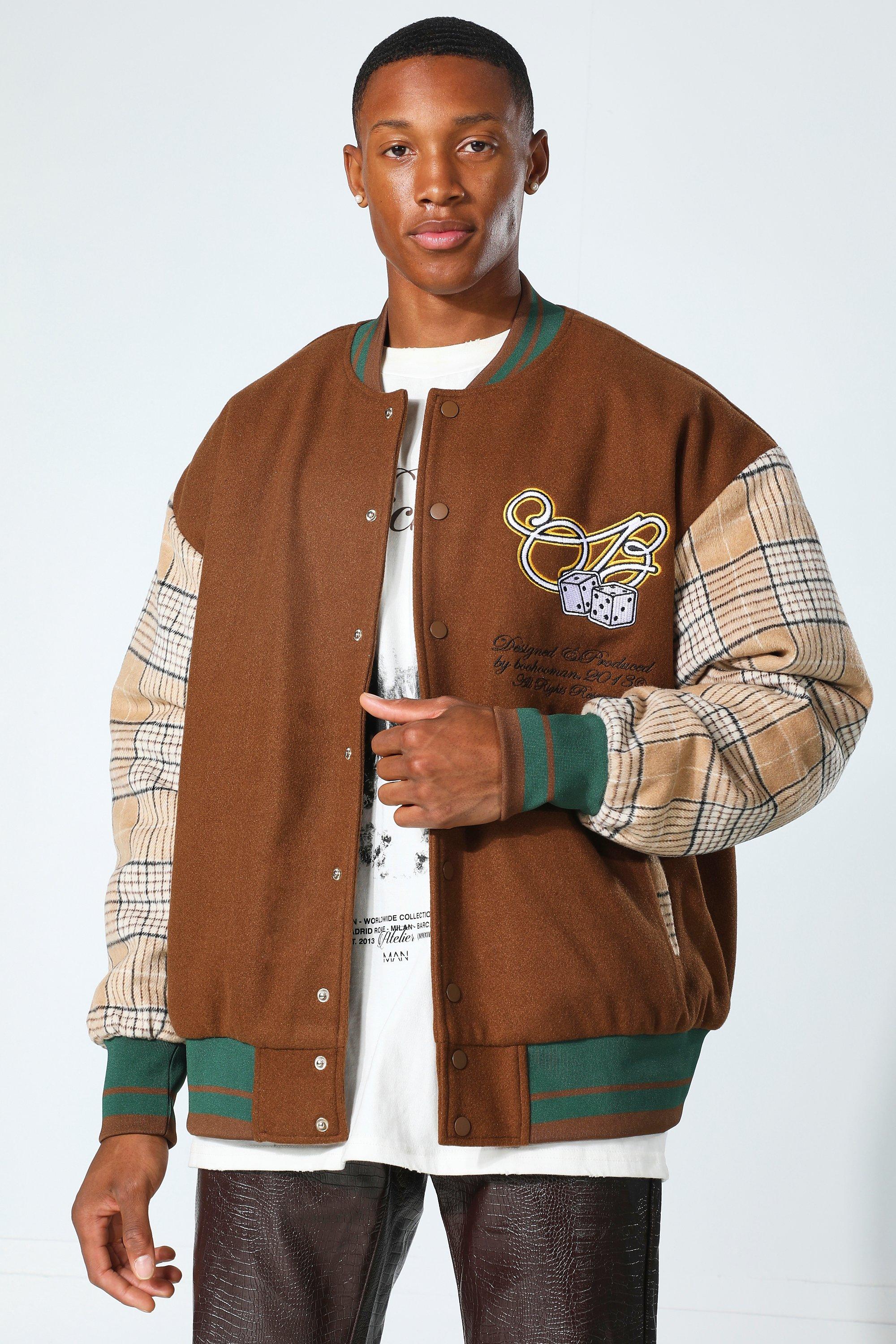 boohooman varsity jacket brown