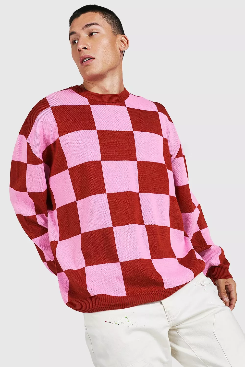 Oversized Crew Neck Checkerboard Jumper