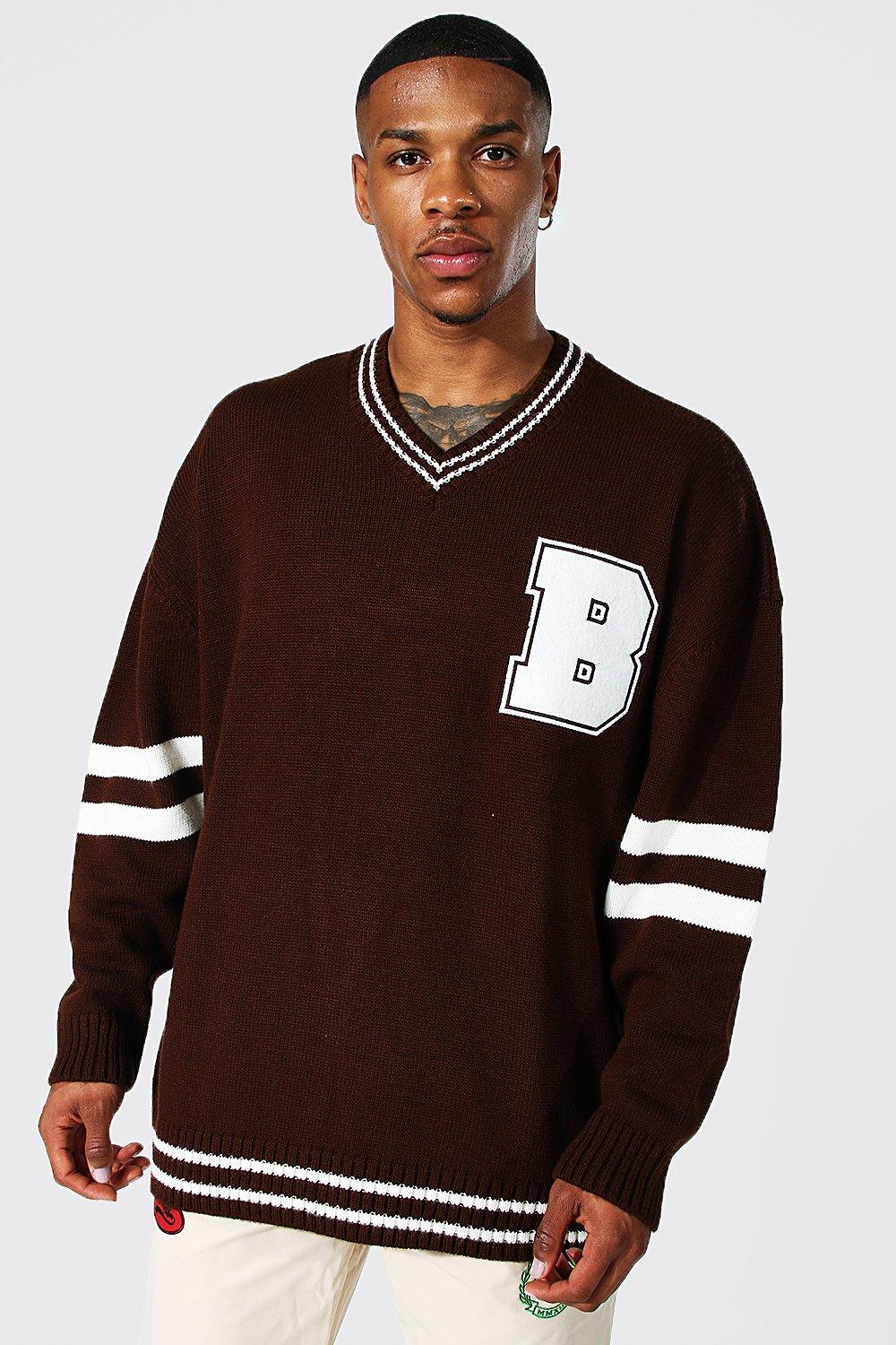 Mens Brown Oversized V Neck Varsity Badge Knitted Jumper, Brown