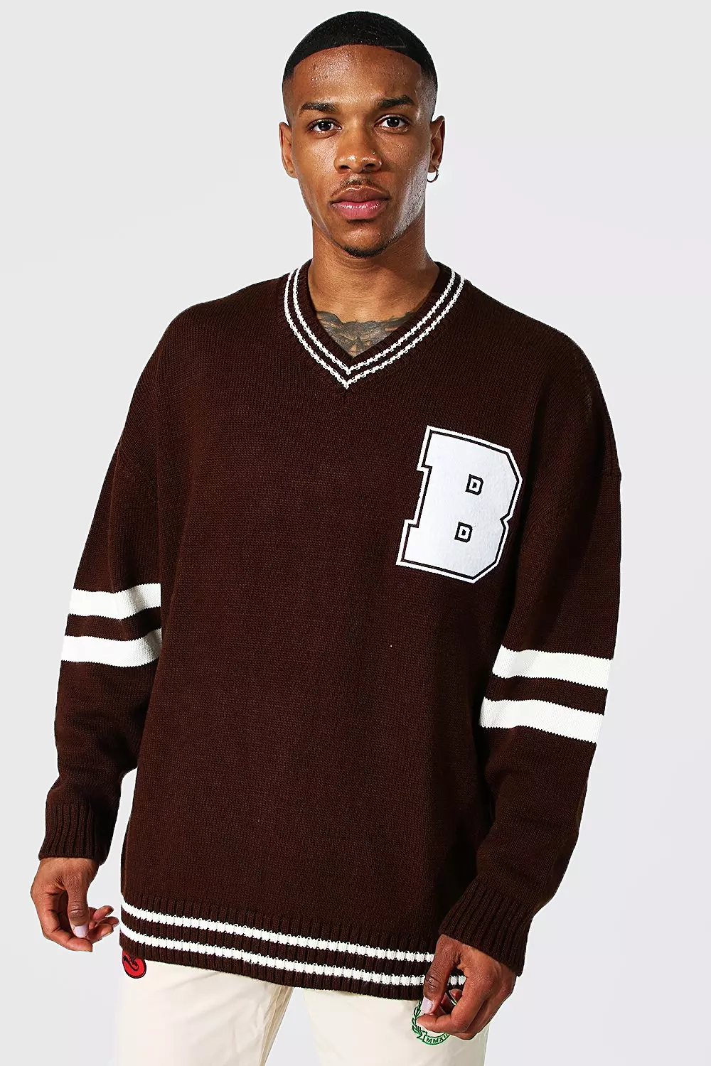 Oversized V Neck Varsity Badge Knitted Jumper | boohooMAN USA