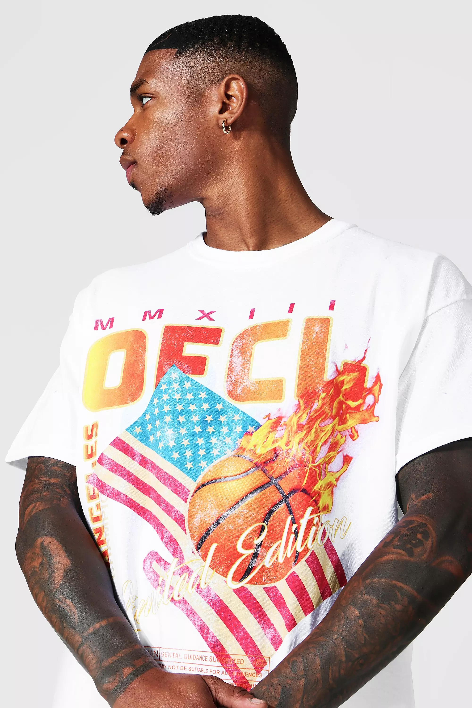 boohooMAN Mens Oversized Basketball Graphic T-Shirt - White XS
