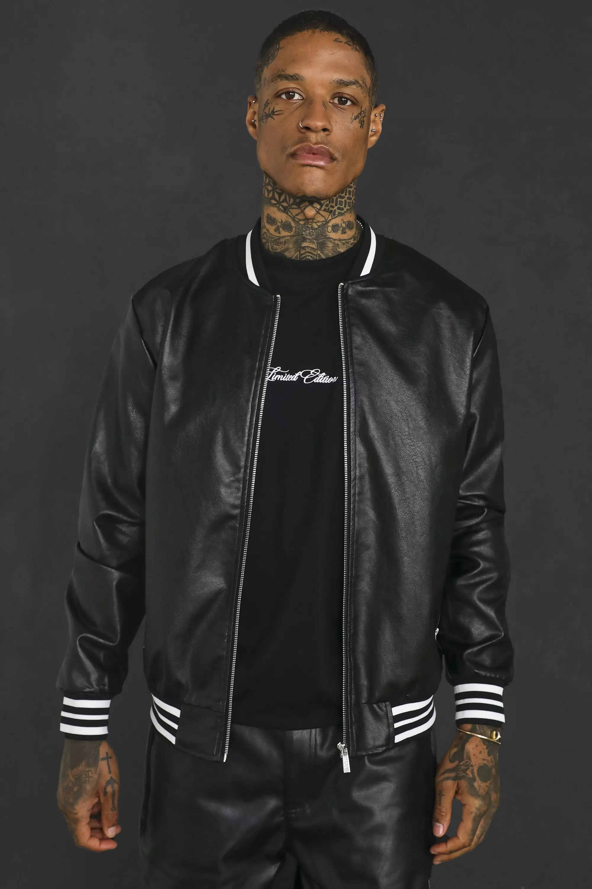 Leather look bomber jacket sale