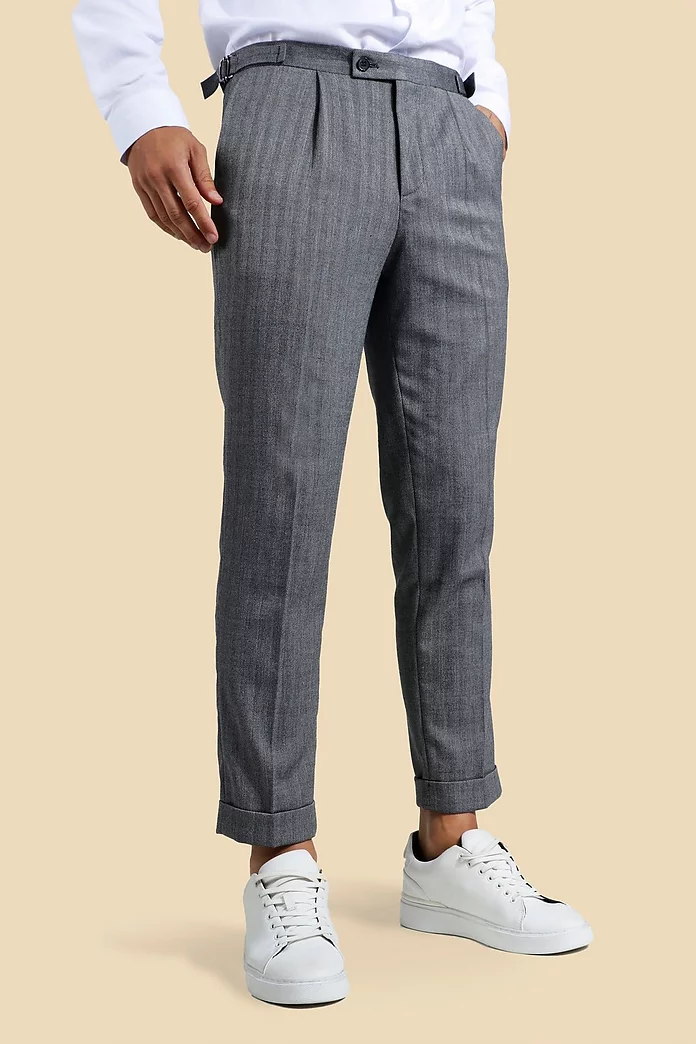 Herringbone Turn Up Slim Tailored Pants | boohooMAN USA