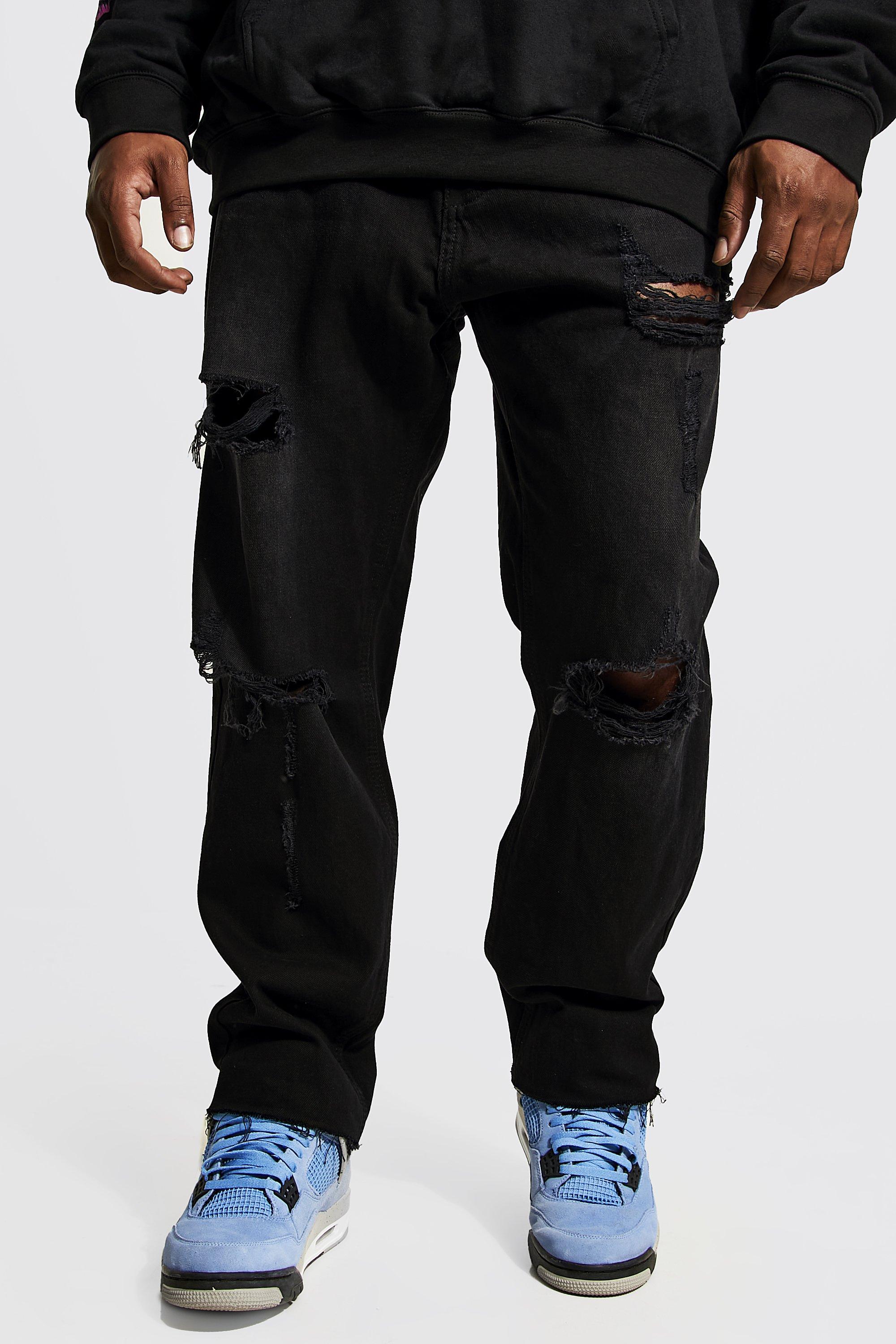 Mens Black Plus Slim Fit Distressed Hem Ripped Jeans, Black